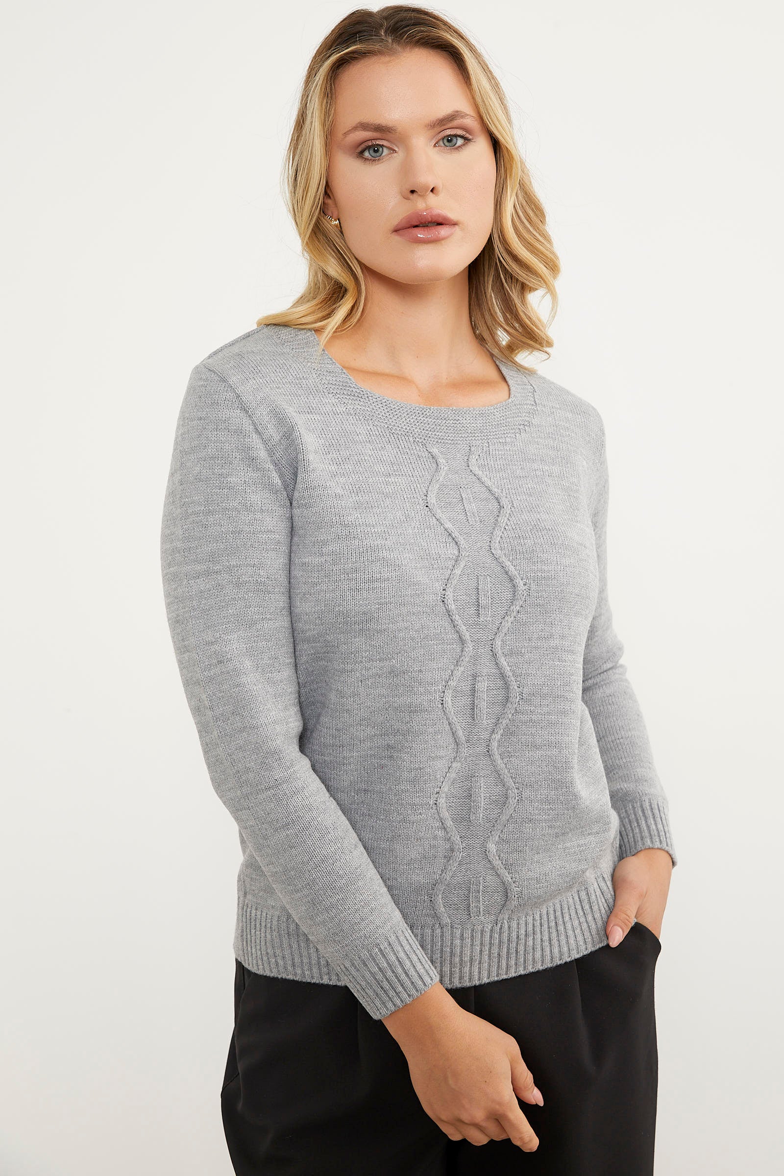 Önü Örgü Detaylı Triko Basic Kazak - Gri (1) Sementa