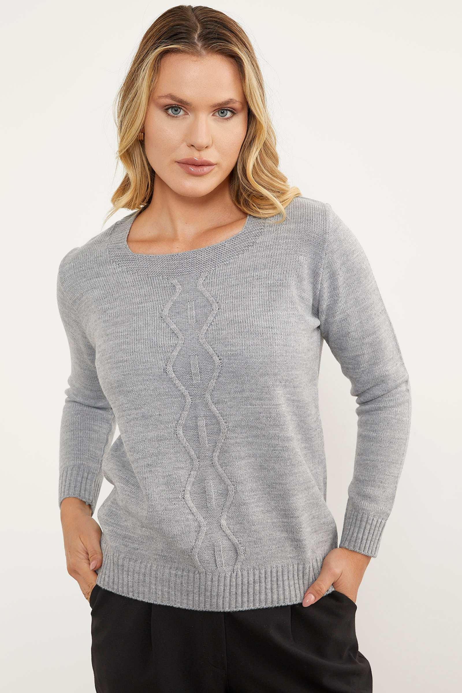 Önü Örgü Detaylı Triko Basic Kazak - Gri (2) Sementa