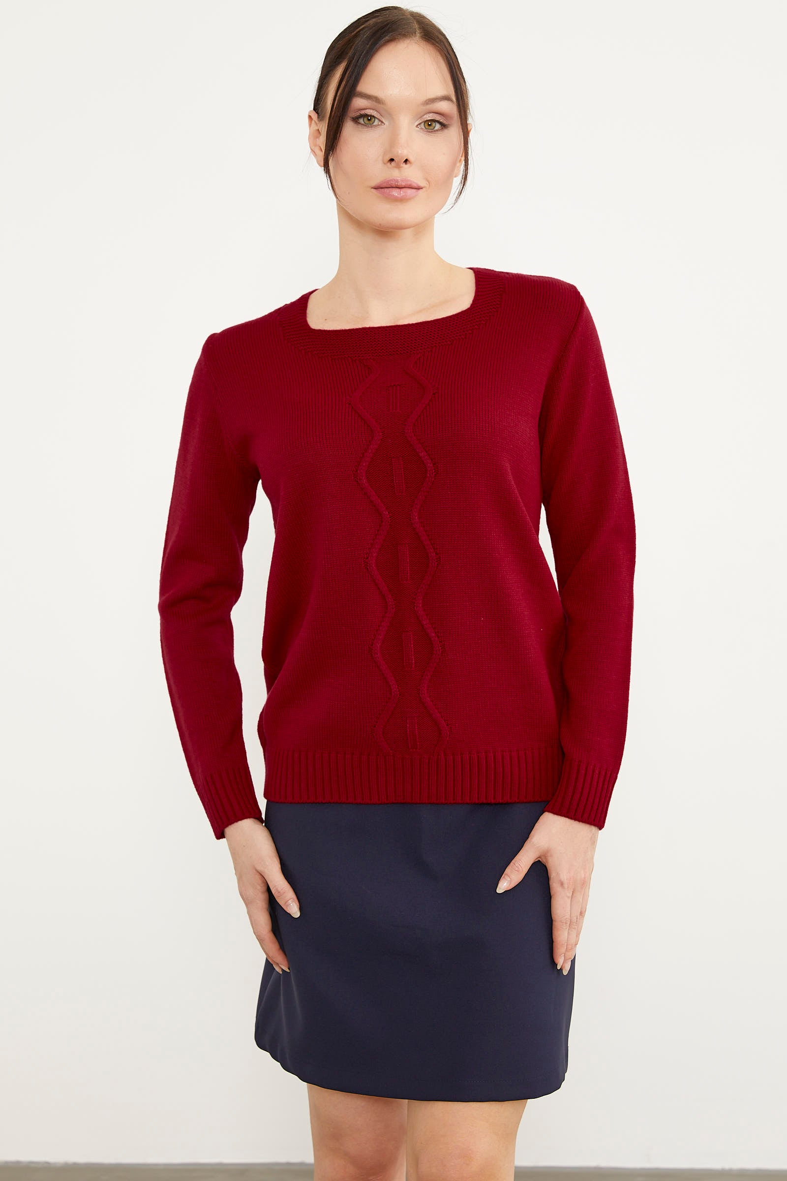 Önü Örgü Detaylı Triko Basic Kazak - Kırmızı (1) Sementa