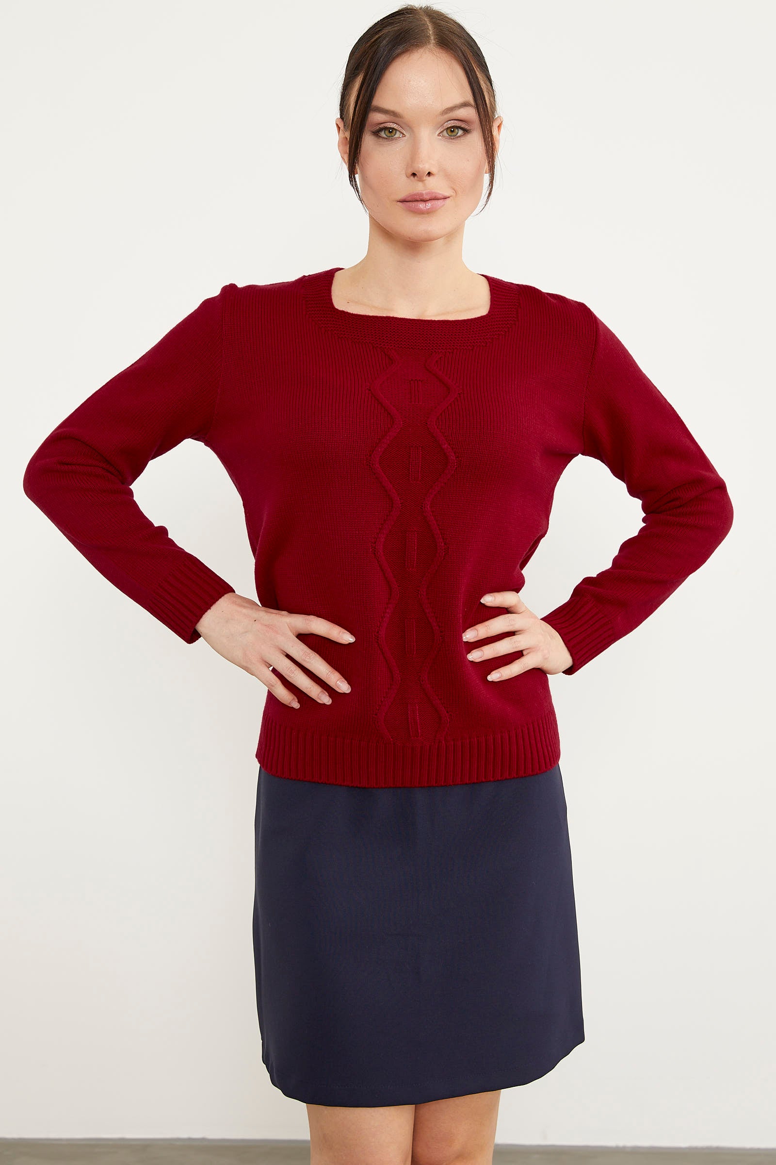 Önü Örgü Detaylı Triko Basic Kazak - Kırmızı (2) Sementa