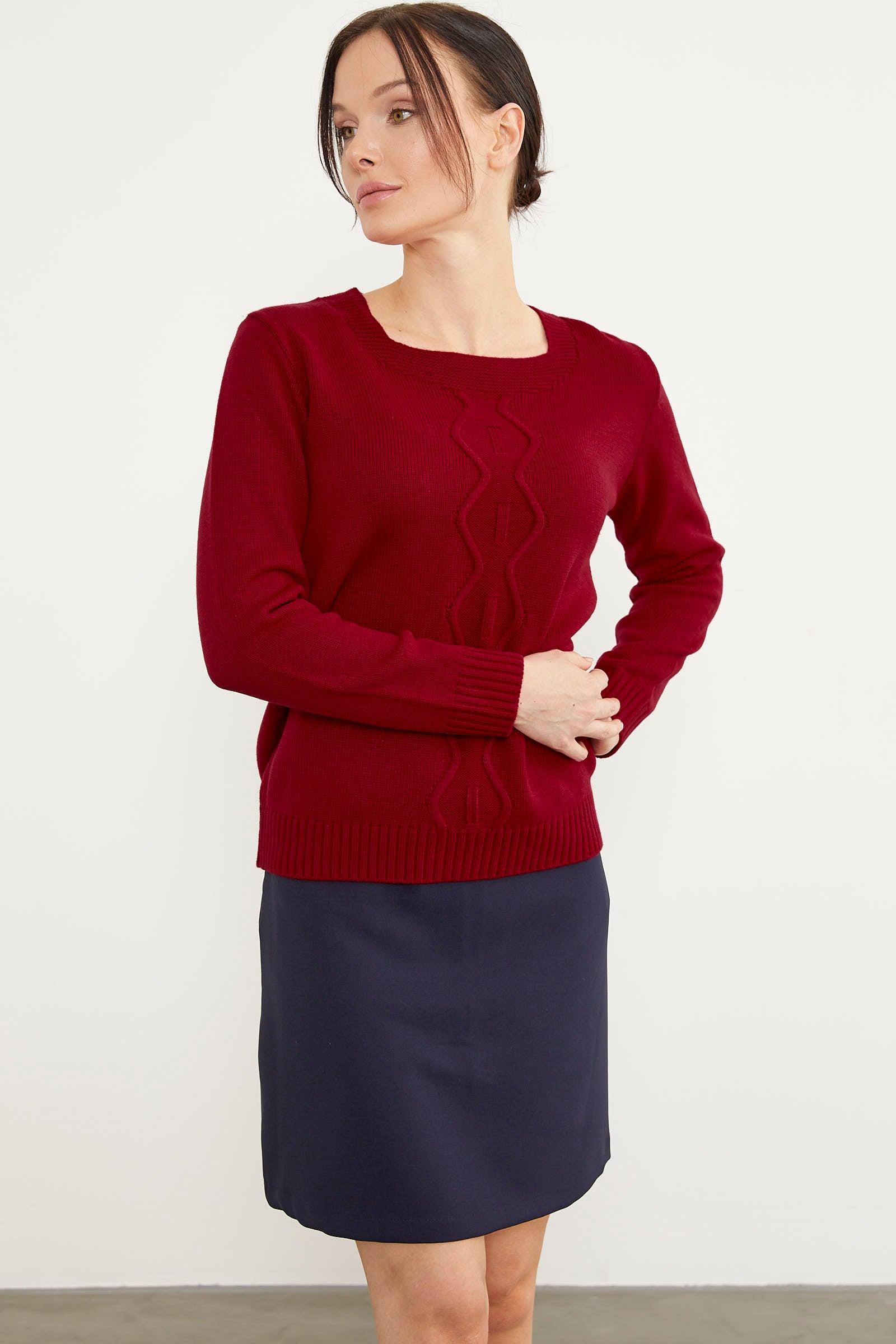 Önü Örgü Detaylı Triko Basic Kazak - Kırmızı (3) Sementa