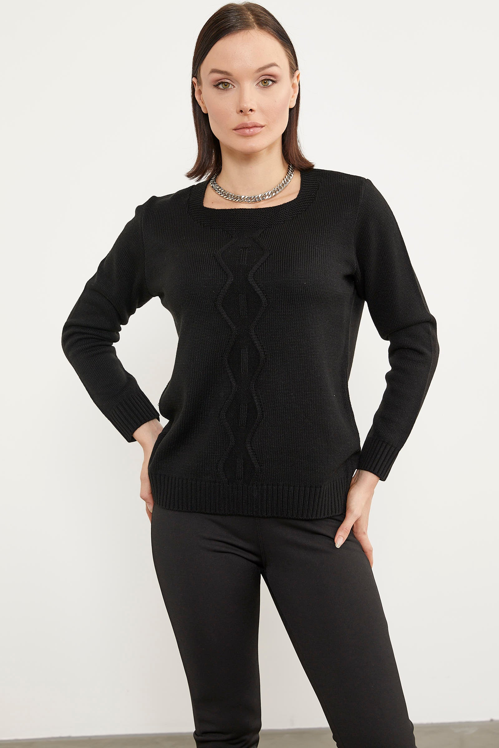 Önü Örgü Detaylı Triko Basic Kazak - Siyah (1) Sementa