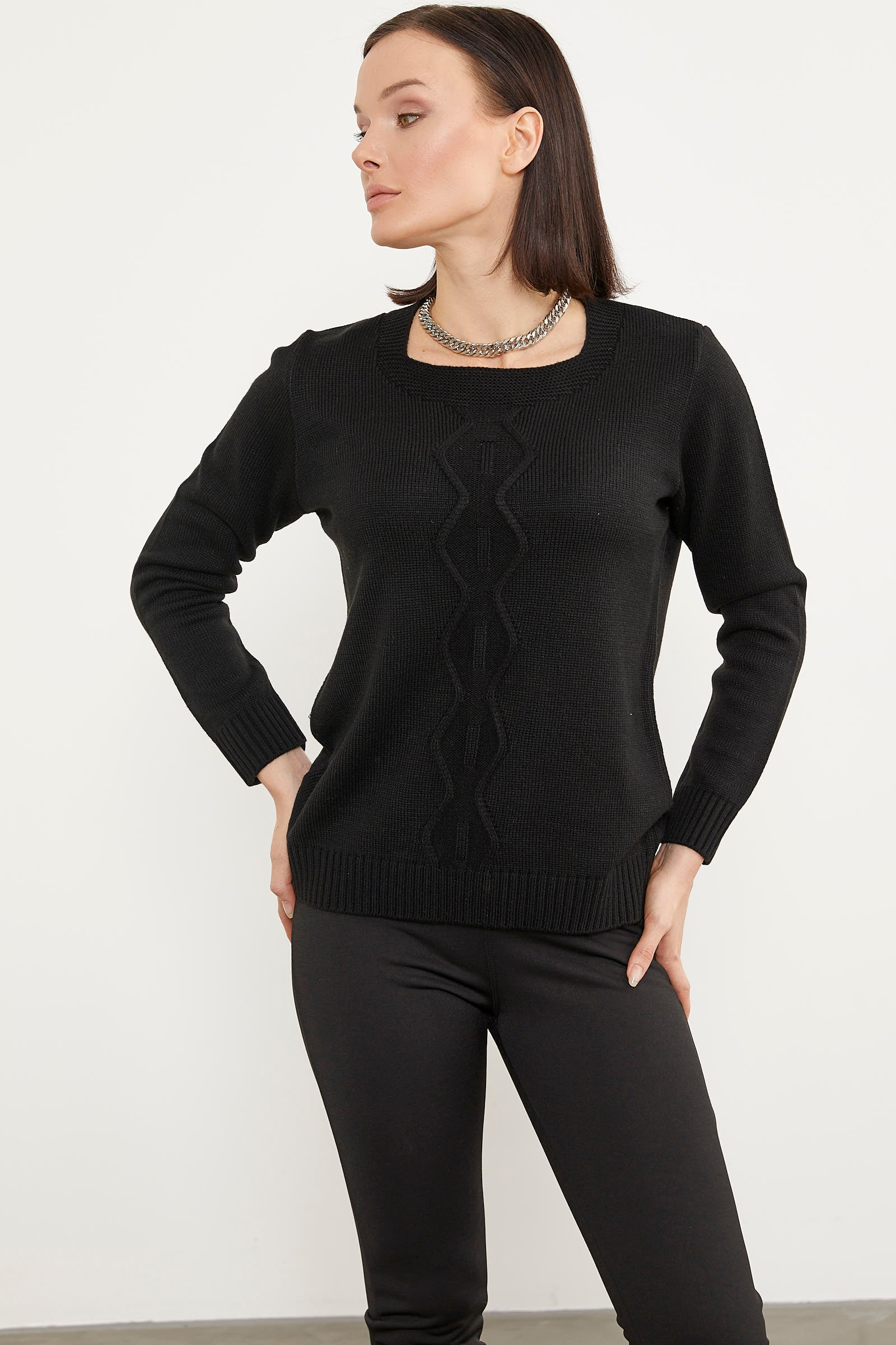 Önü Örgü Detaylı Triko Basic Kazak - Siyah (2) Sementa