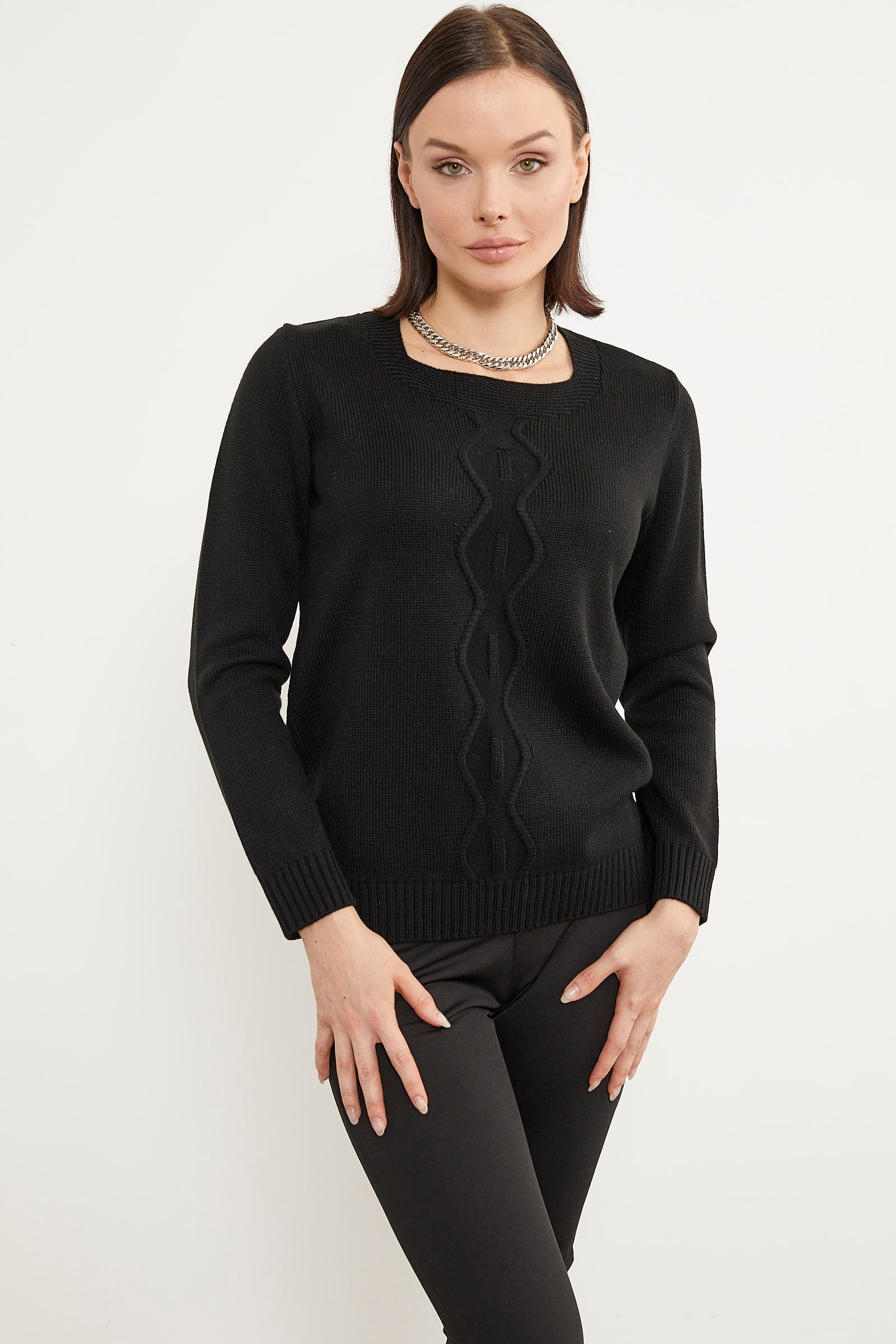 Önü Örgü Detaylı Triko Basic Kazak - Siyah (3) Sementa