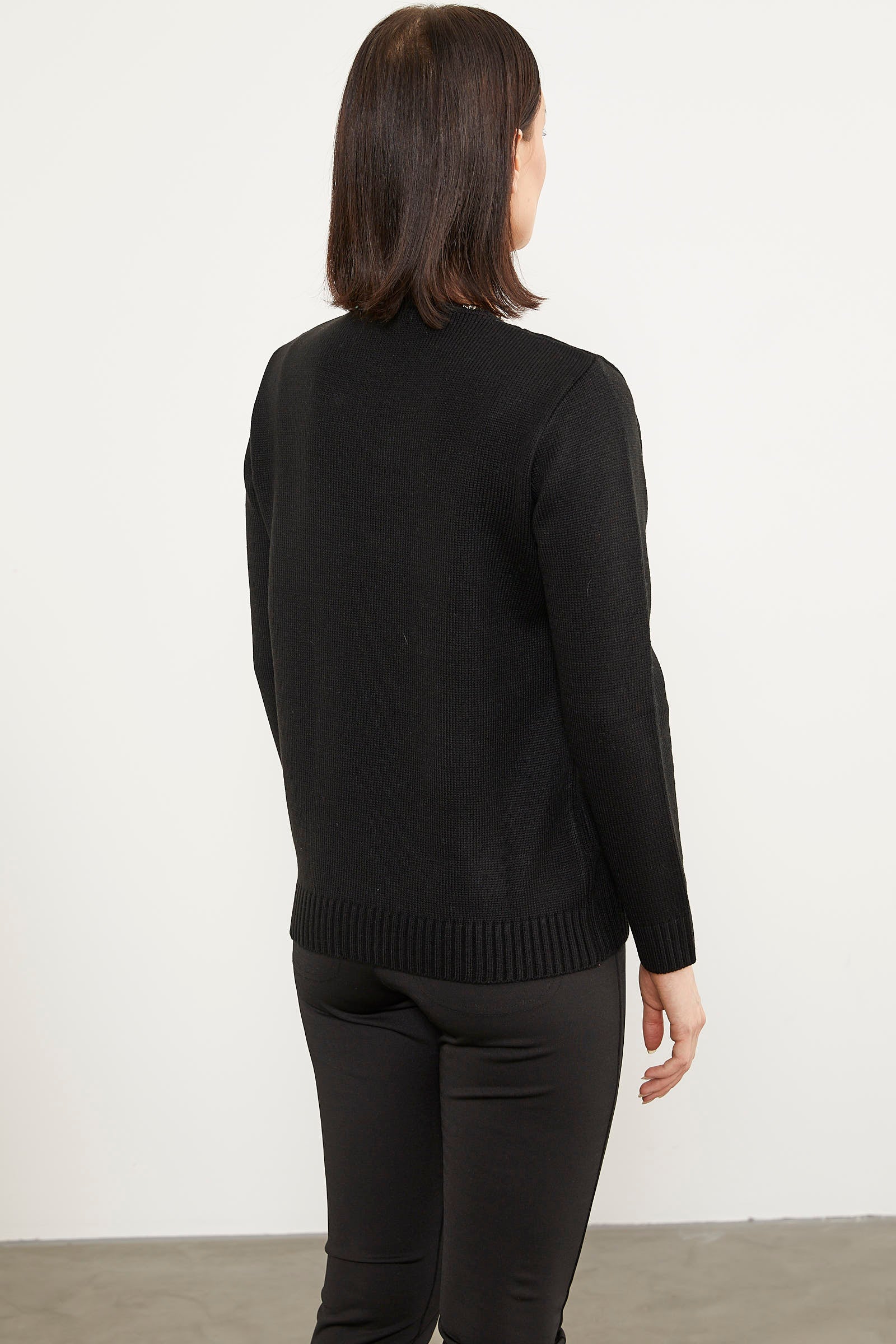 Önü Örgü Detaylı Triko Basic Kazak - Siyah (4) Sementa