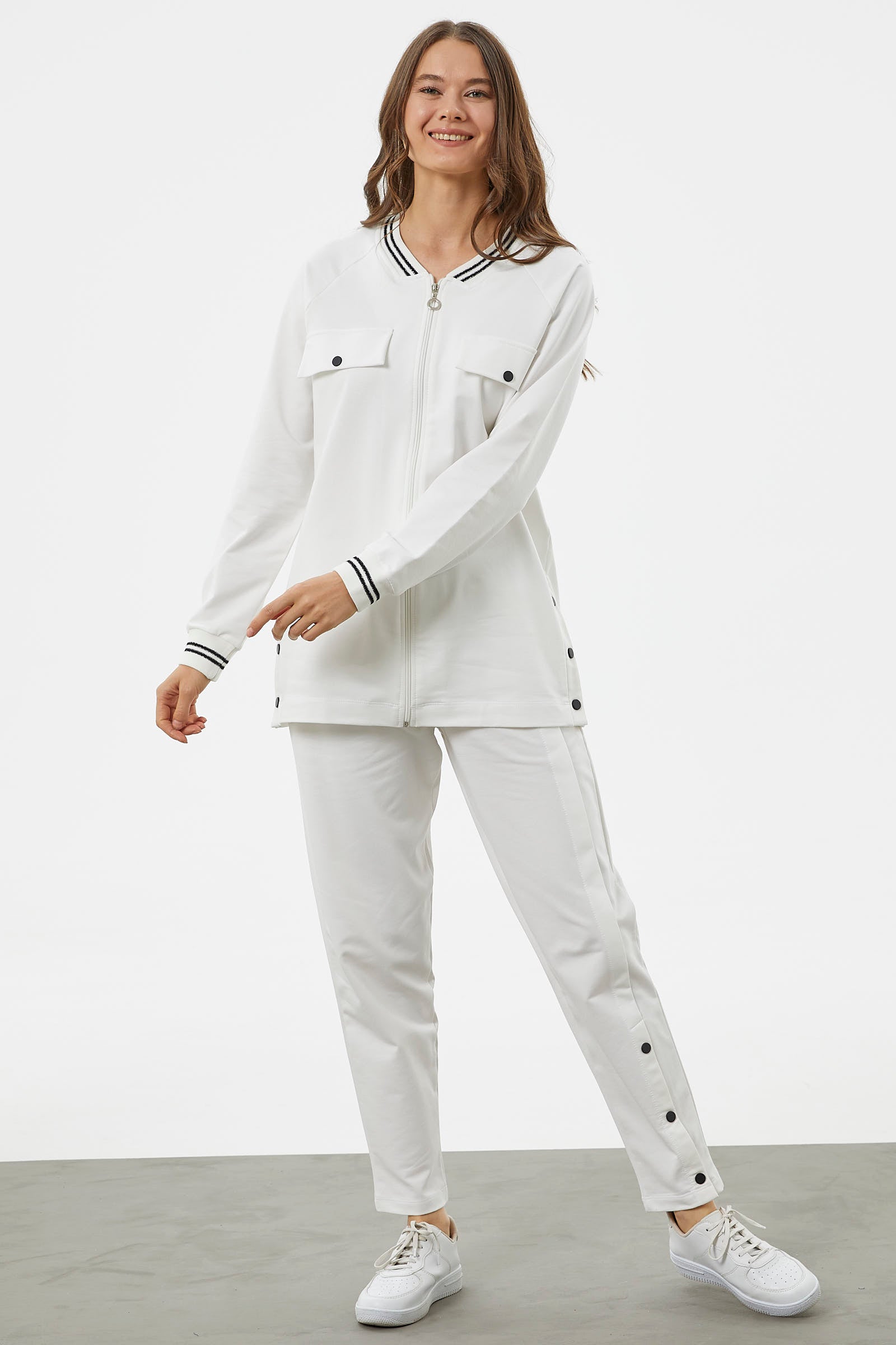 Örme Yaka Fermuarlı Tunik Eşofman Takım - Ekru (2) Sementa