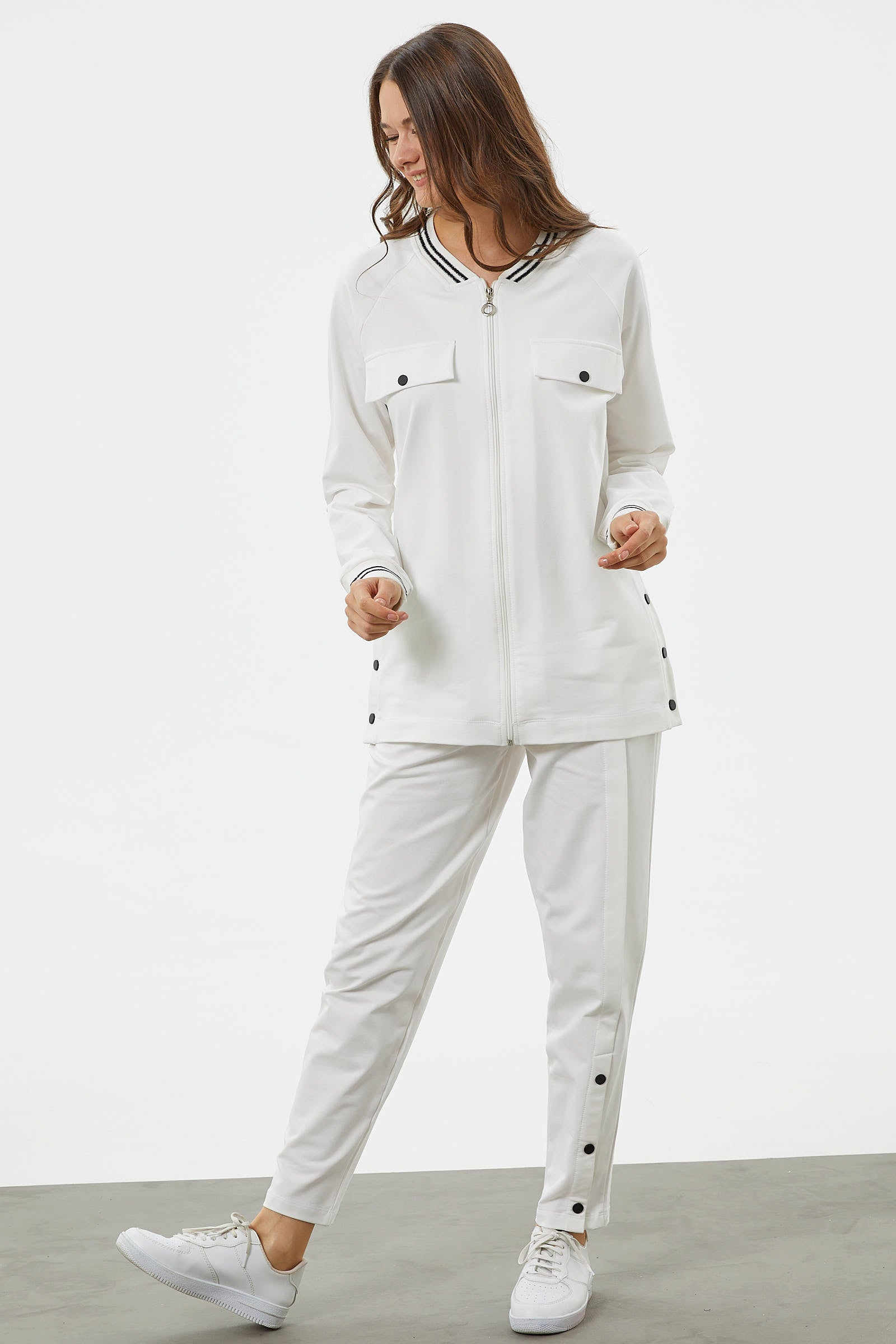 Örme Yaka Fermuarlı Tunik Eşofman Takım - Ekru (3) Sementa