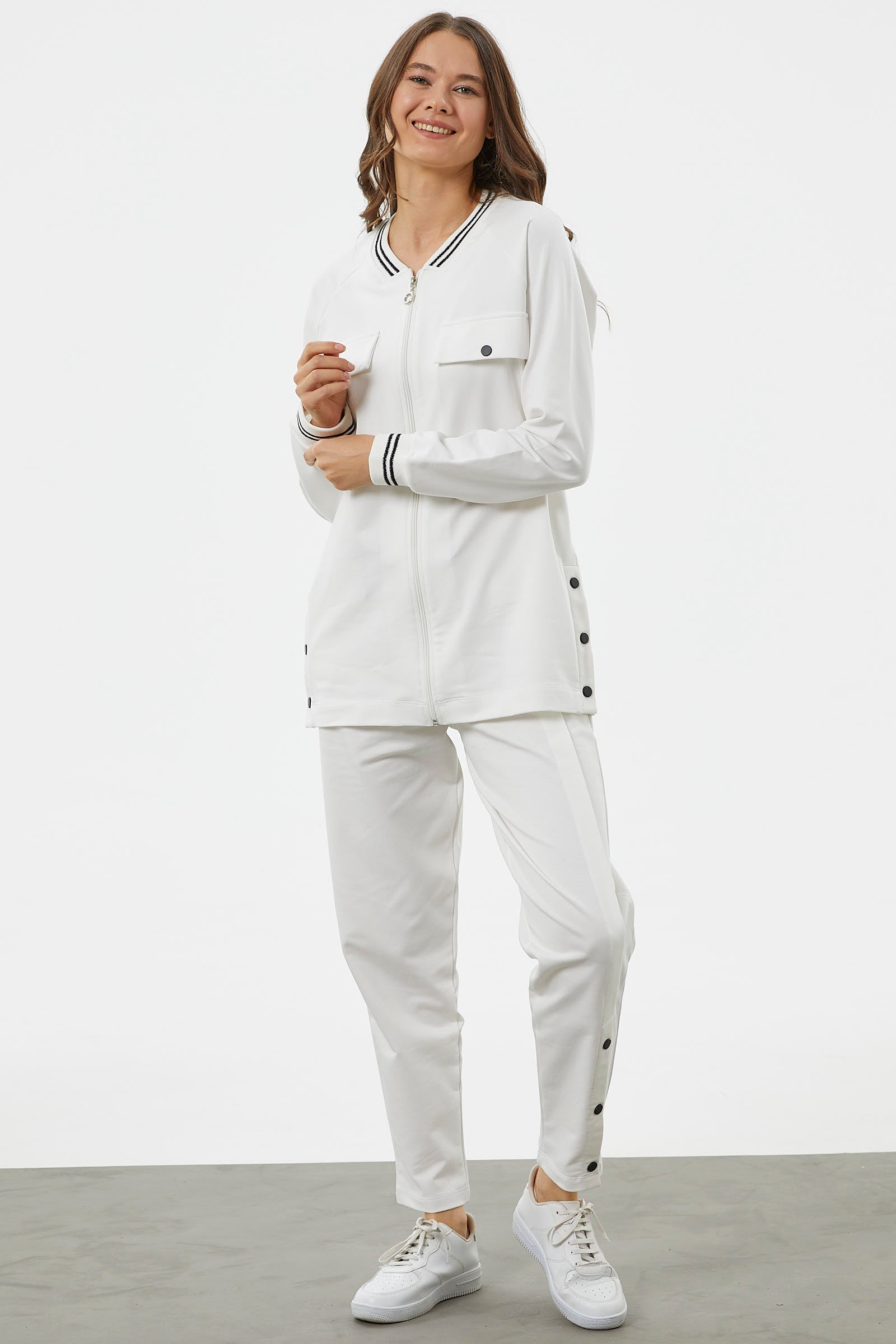 Örme Yaka Fermuarlı Tunik Eşofman Takım - Ekru (4) Sementa