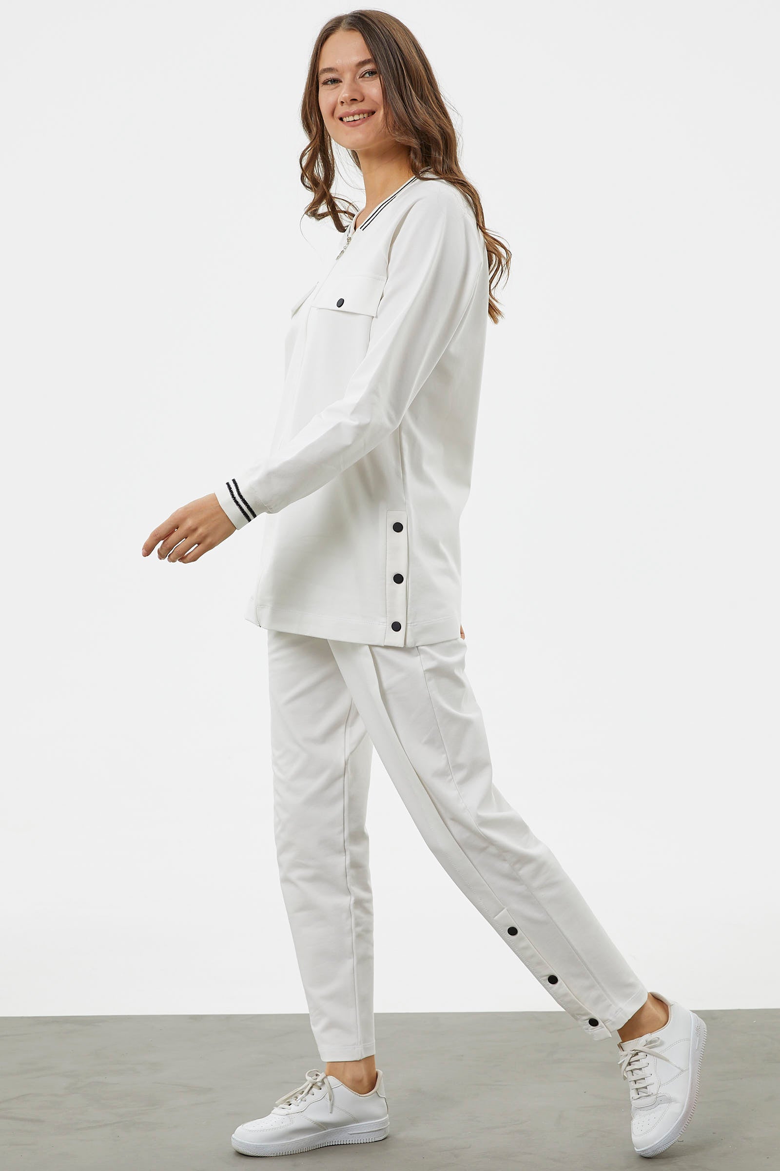 Örme Yaka Fermuarlı Tunik Eşofman Takım - Ekru (5) Sementa