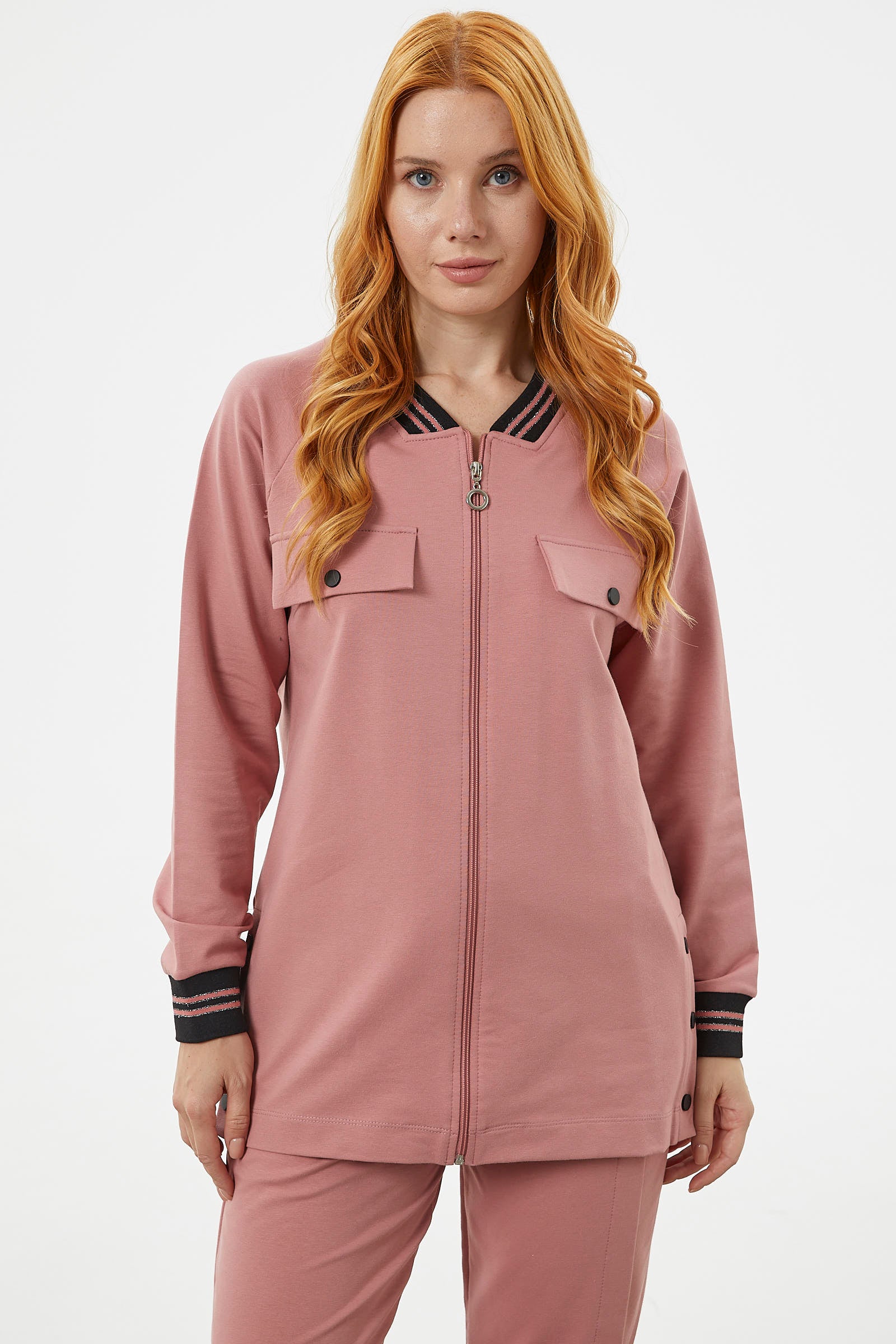 Örme Yaka Fermuarlı Tunik Eşofman Takım - Gül (5) Sementa