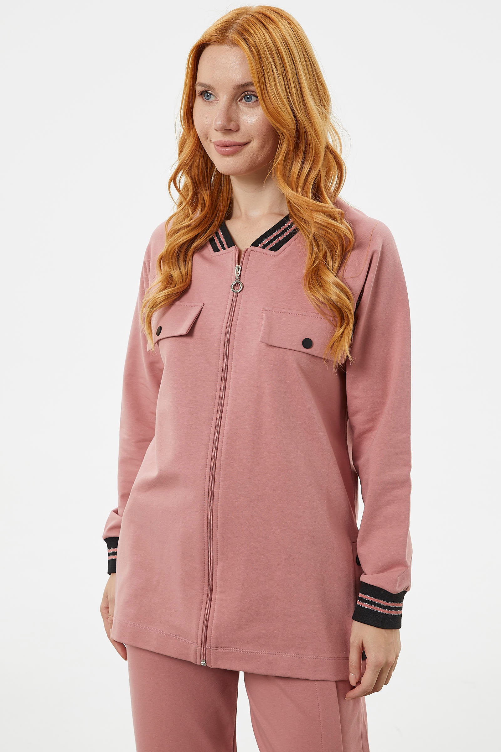 Örme Yaka Fermuarlı Tunik Eşofman Takım - Gül (4) Sementa