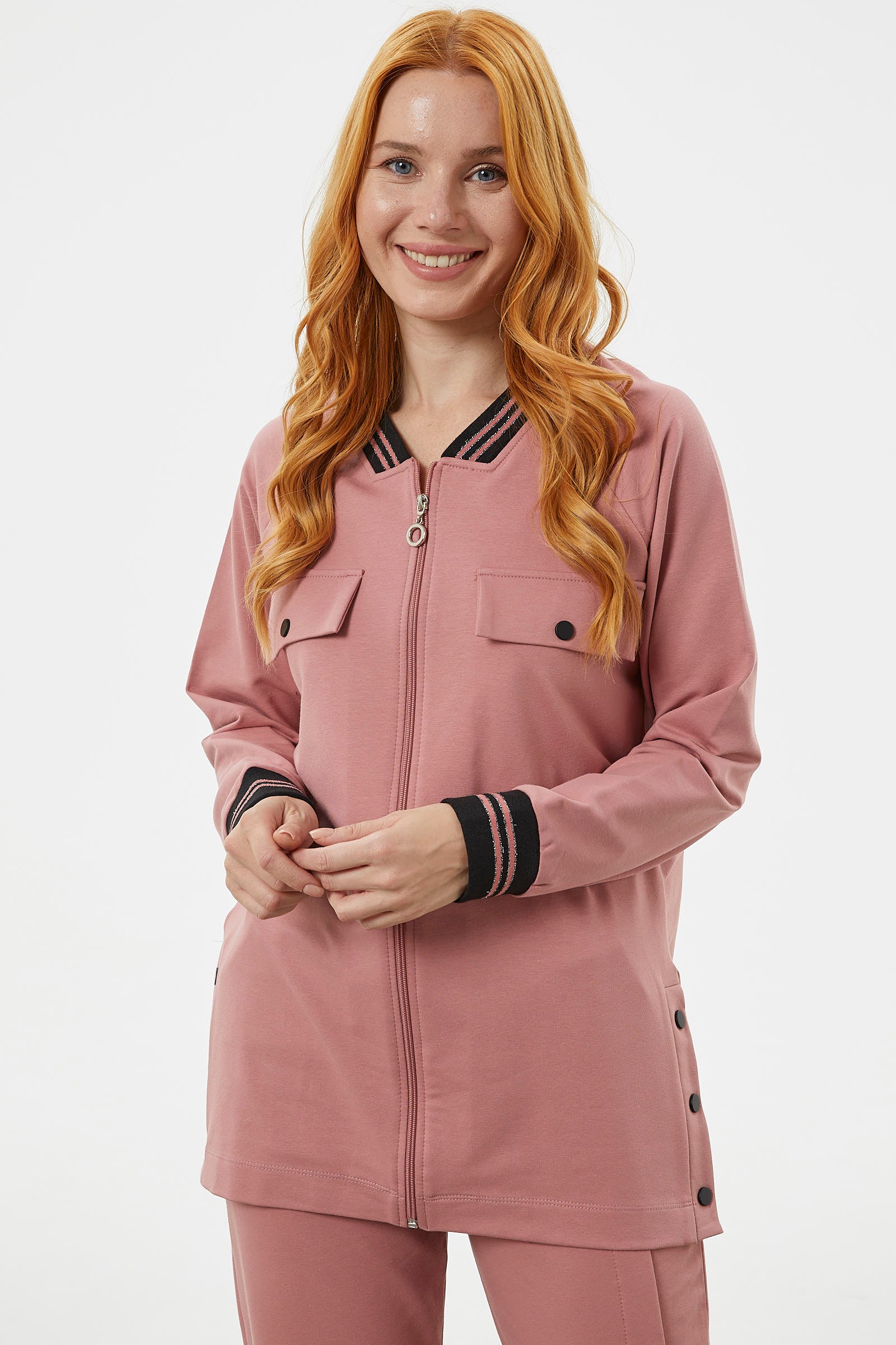 Örme Yaka Fermuarlı Tunik Eşofman Takım - Gül (3) Sementa