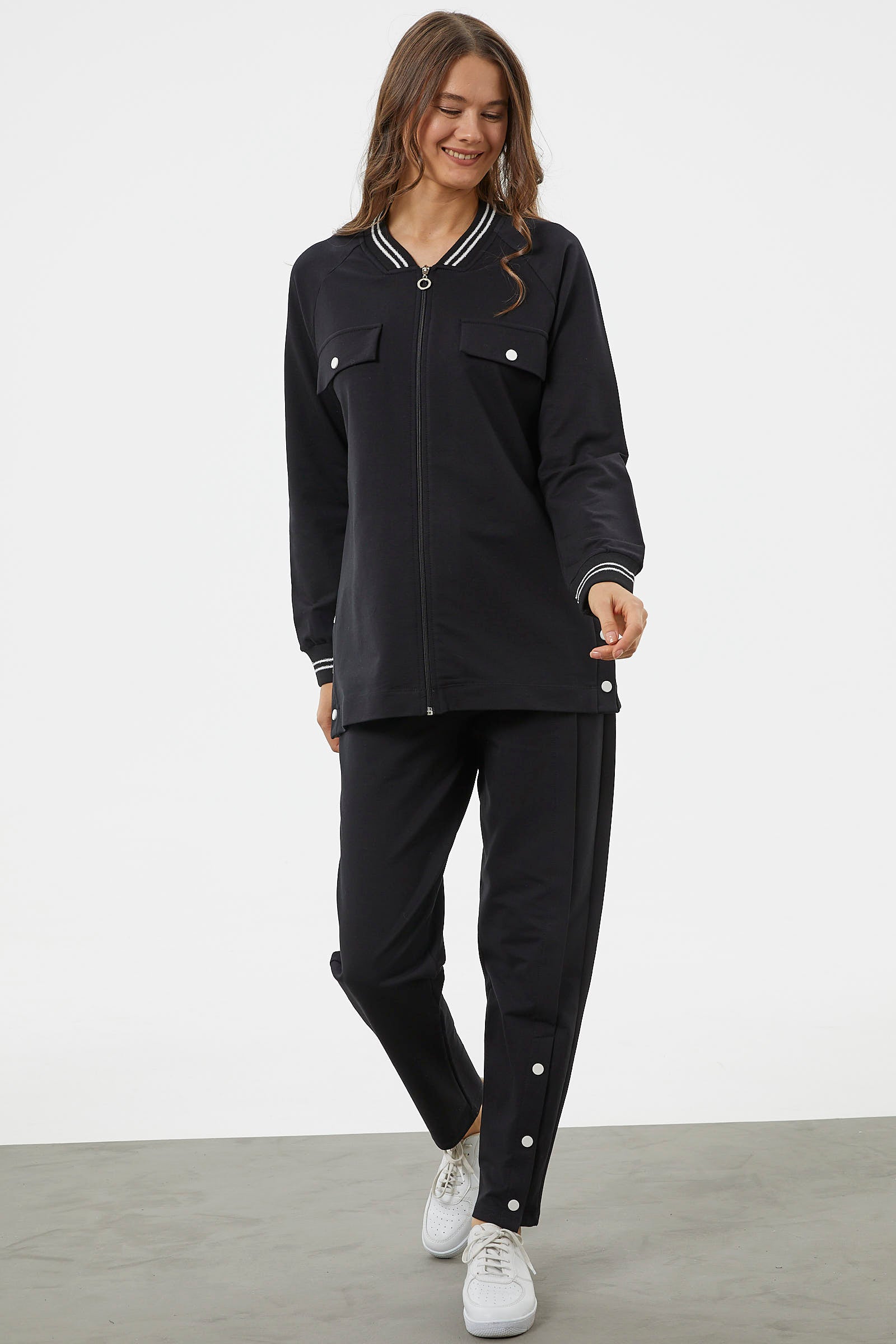 Örme Yaka Fermuarlı Tunik Eşofman Takım - Siyah (2) Sementa