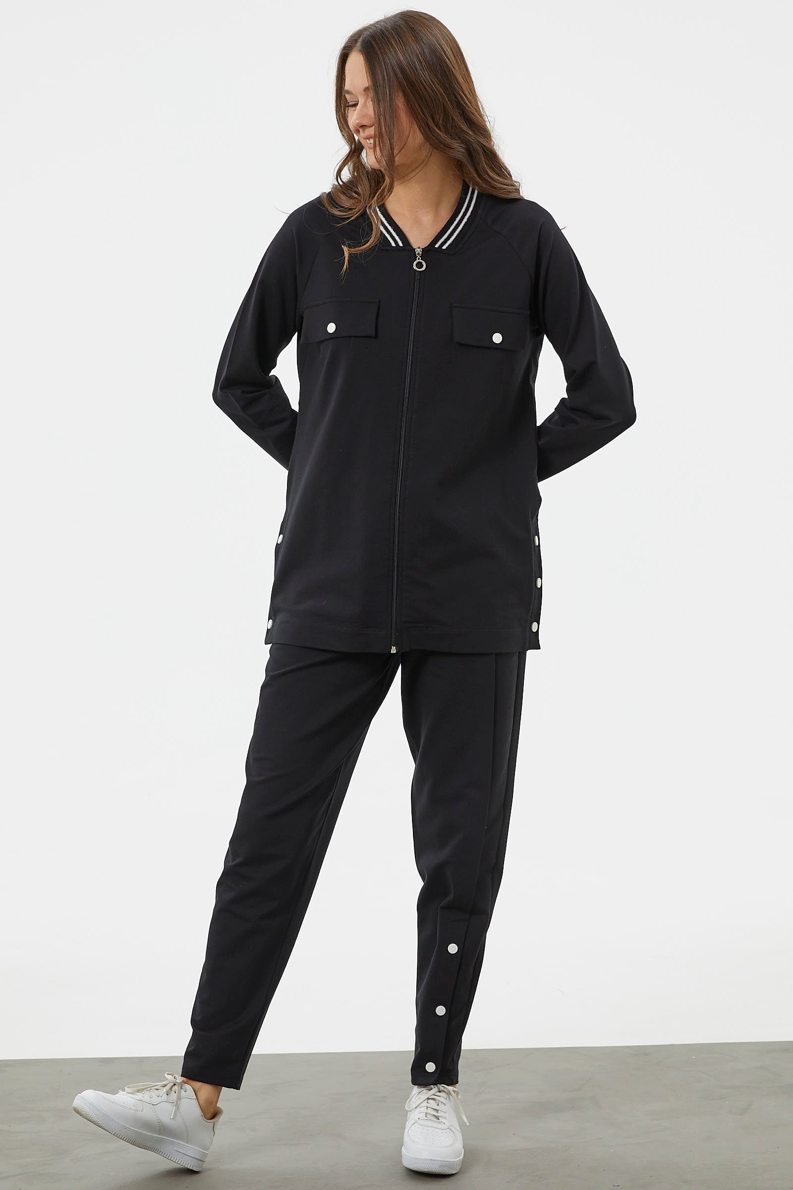 Örme Yaka Fermuarlı Tunik Eşofman Takım - Siyah (4) Sementa