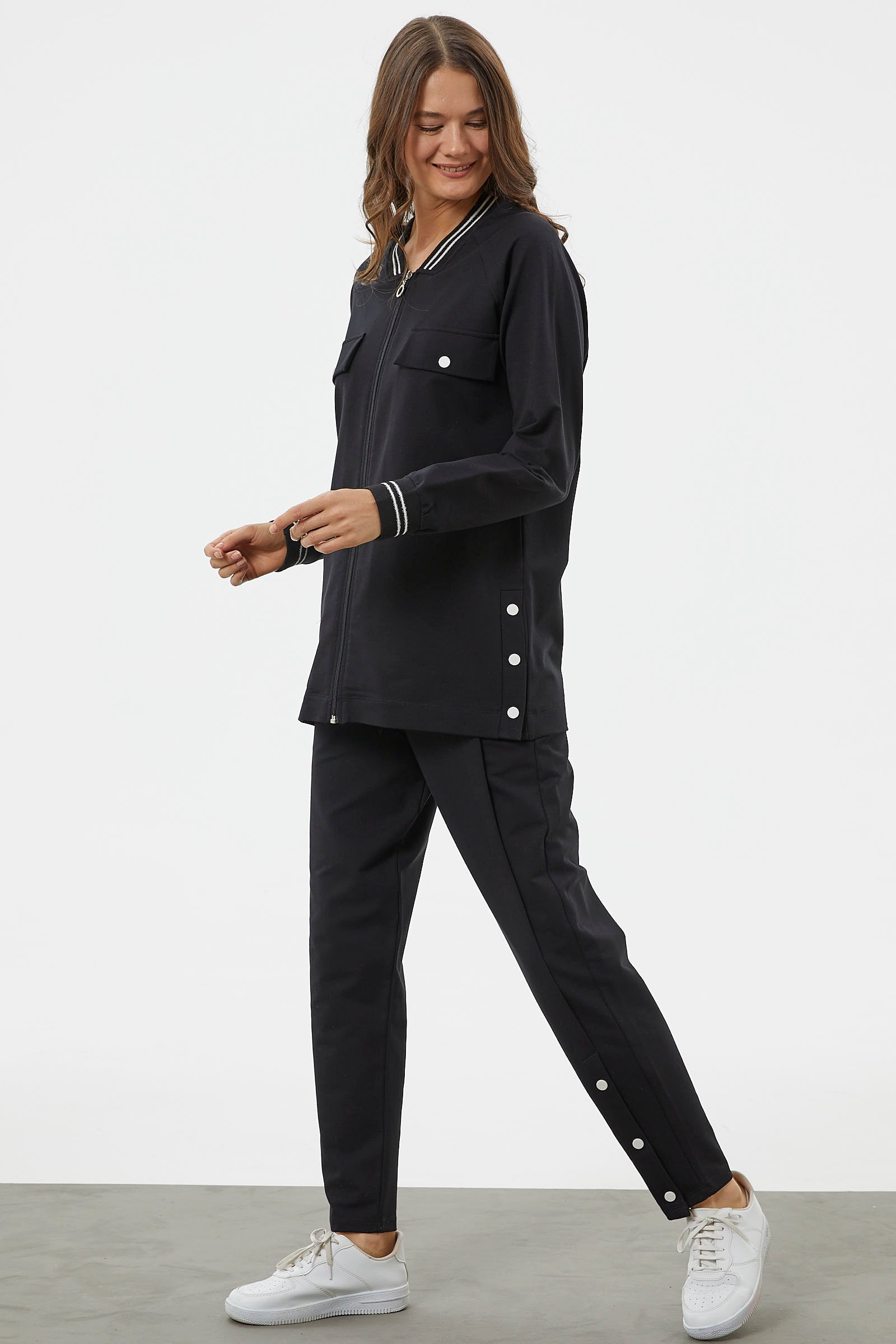 Örme Yaka Fermuarlı Tunik Eşofman Takım - Siyah (5) Sementa