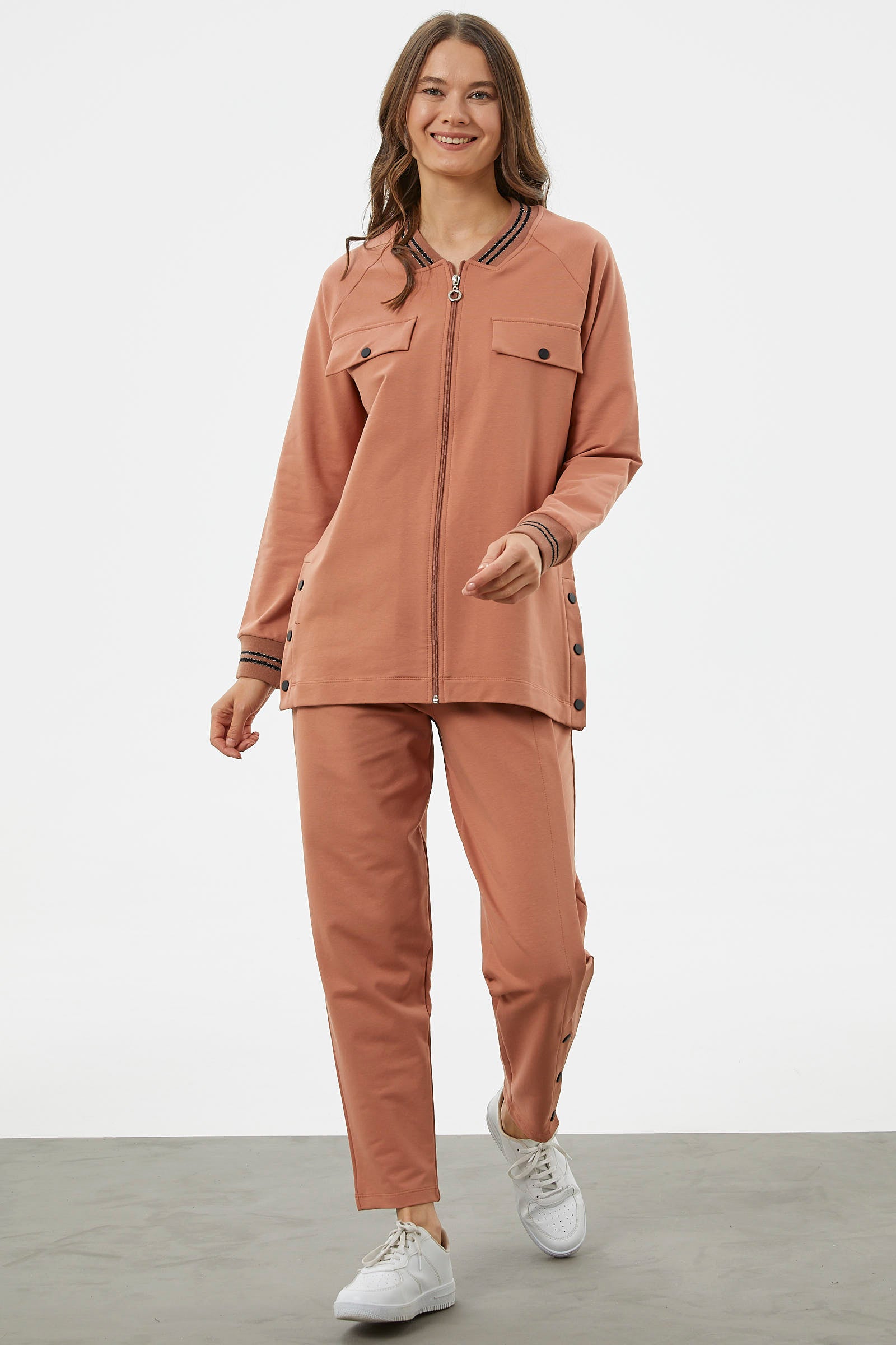 Örme Yaka Fermuarlı Tunik Eşofman Takım - Somon (1) Sementa