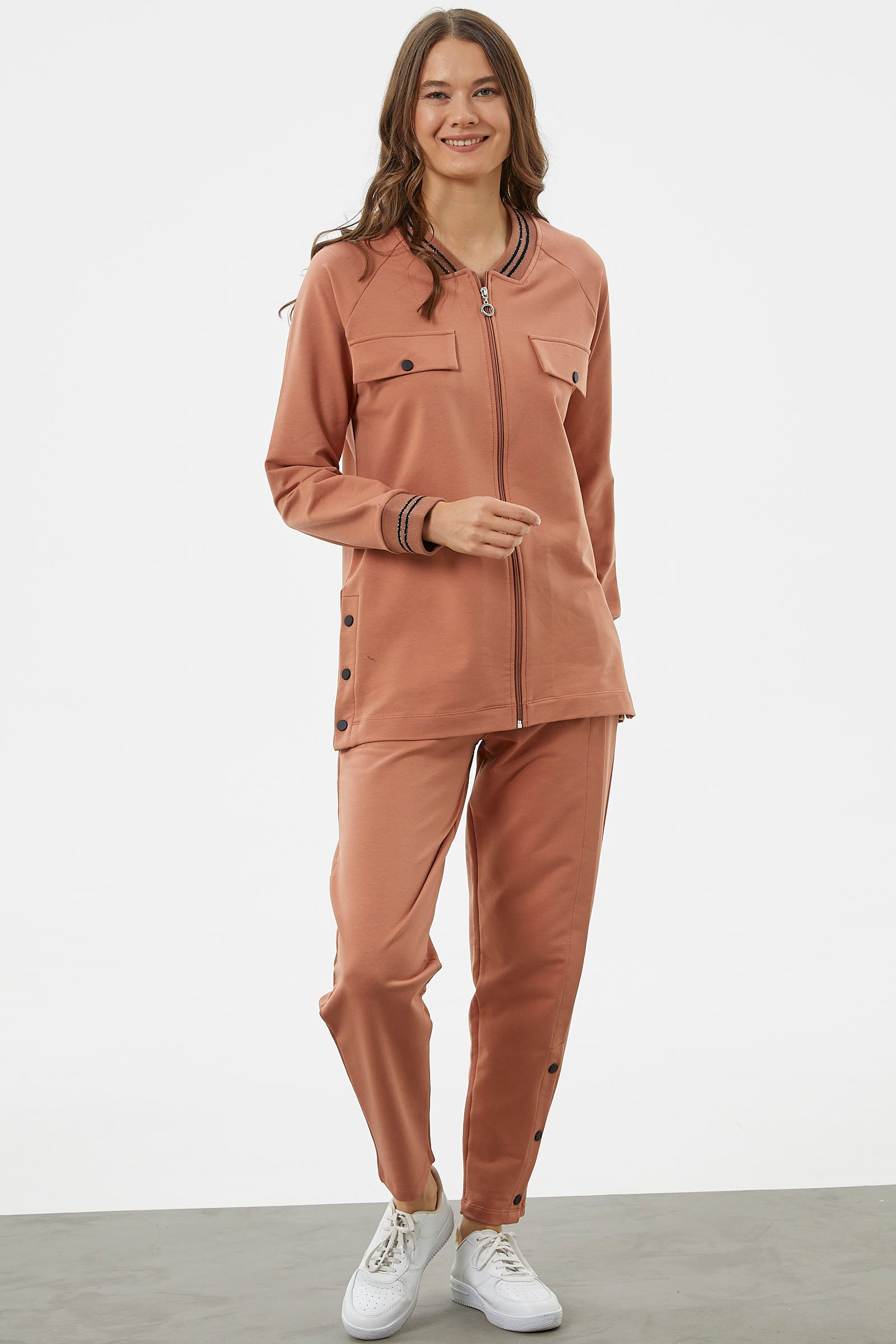 Örme Yaka Fermuarlı Tunik Eşofman Takım - Somon (2) Sementa