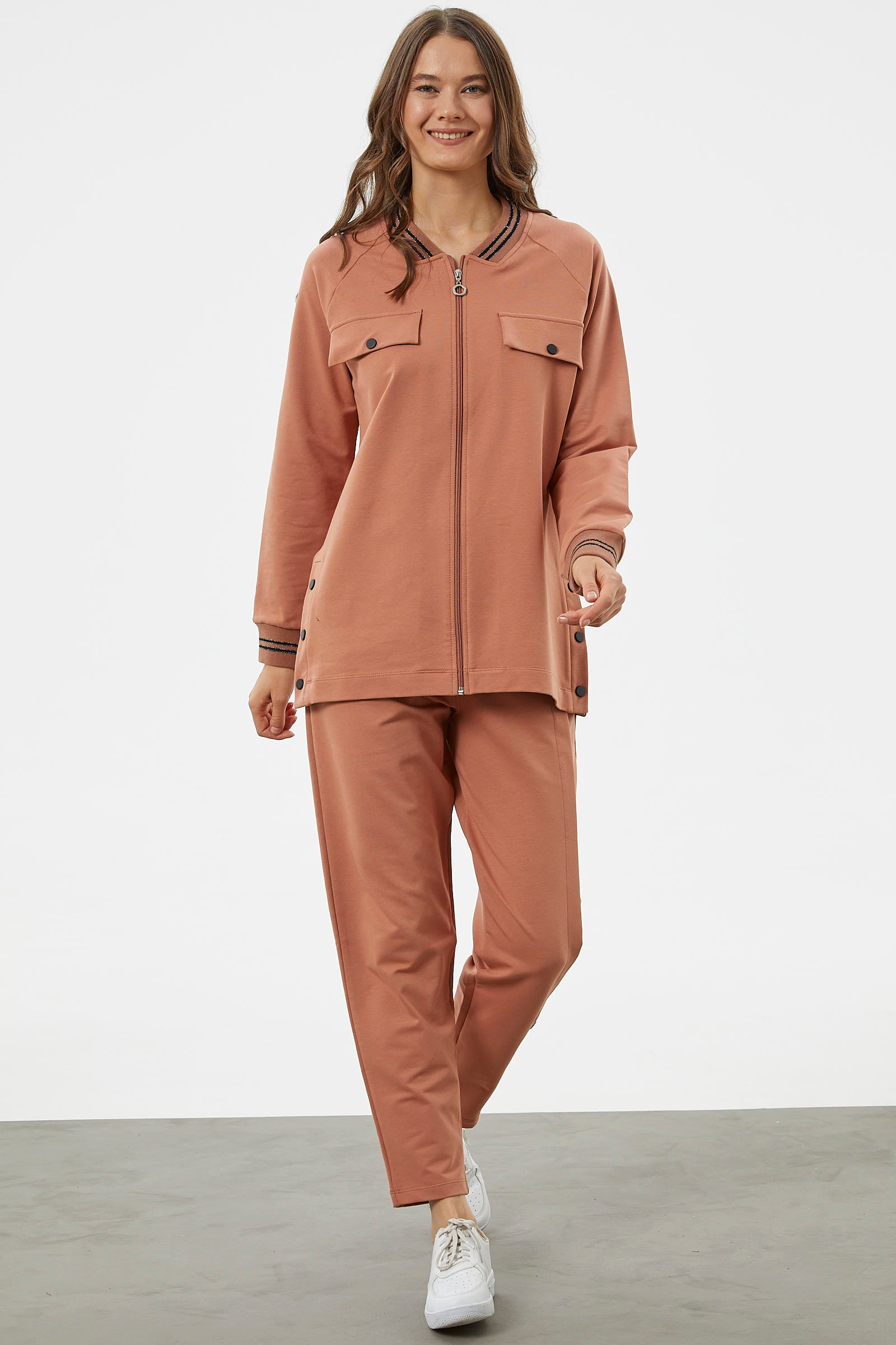 Örme Yaka Fermuarlı Tunik Eşofman Takım - Somon (3) Sementa