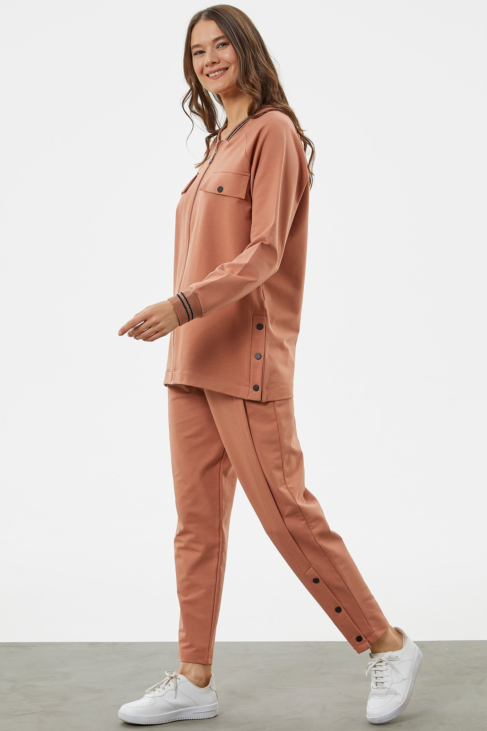 Örme Yaka Fermuarlı Tunik Eşofman Takım - Somon (5) Sementa