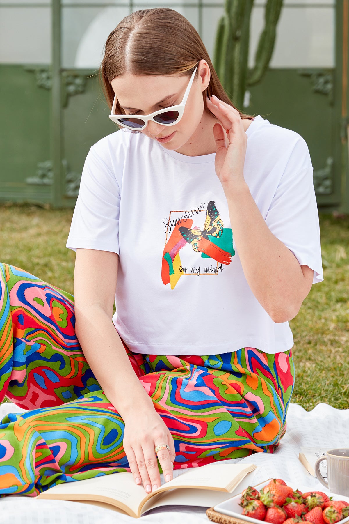 Oversize Baskılı Crop Tişört - Beyaz (1) Sementa