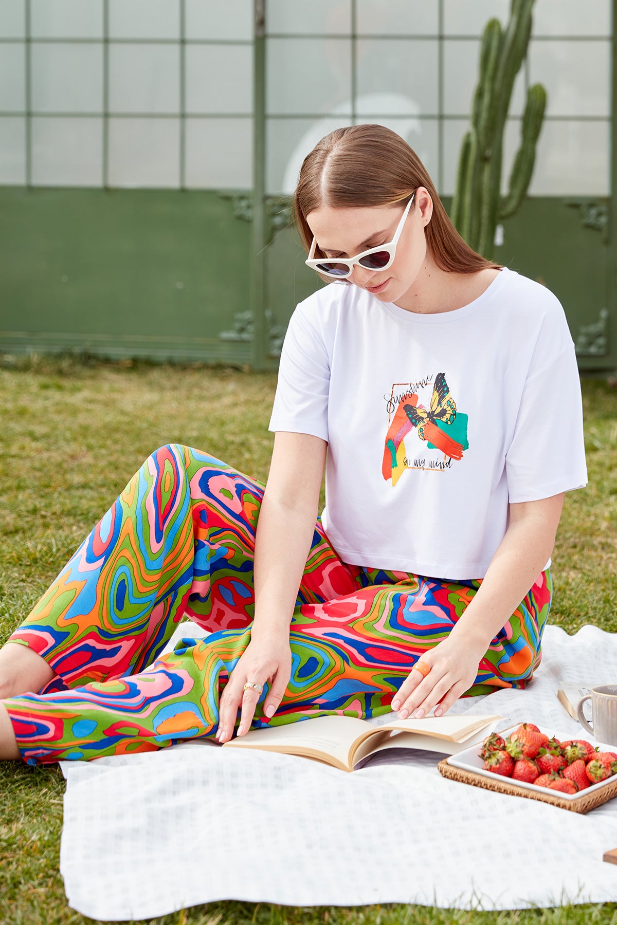 Oversize Baskılı Crop Tişört - Beyaz (2) Sementa