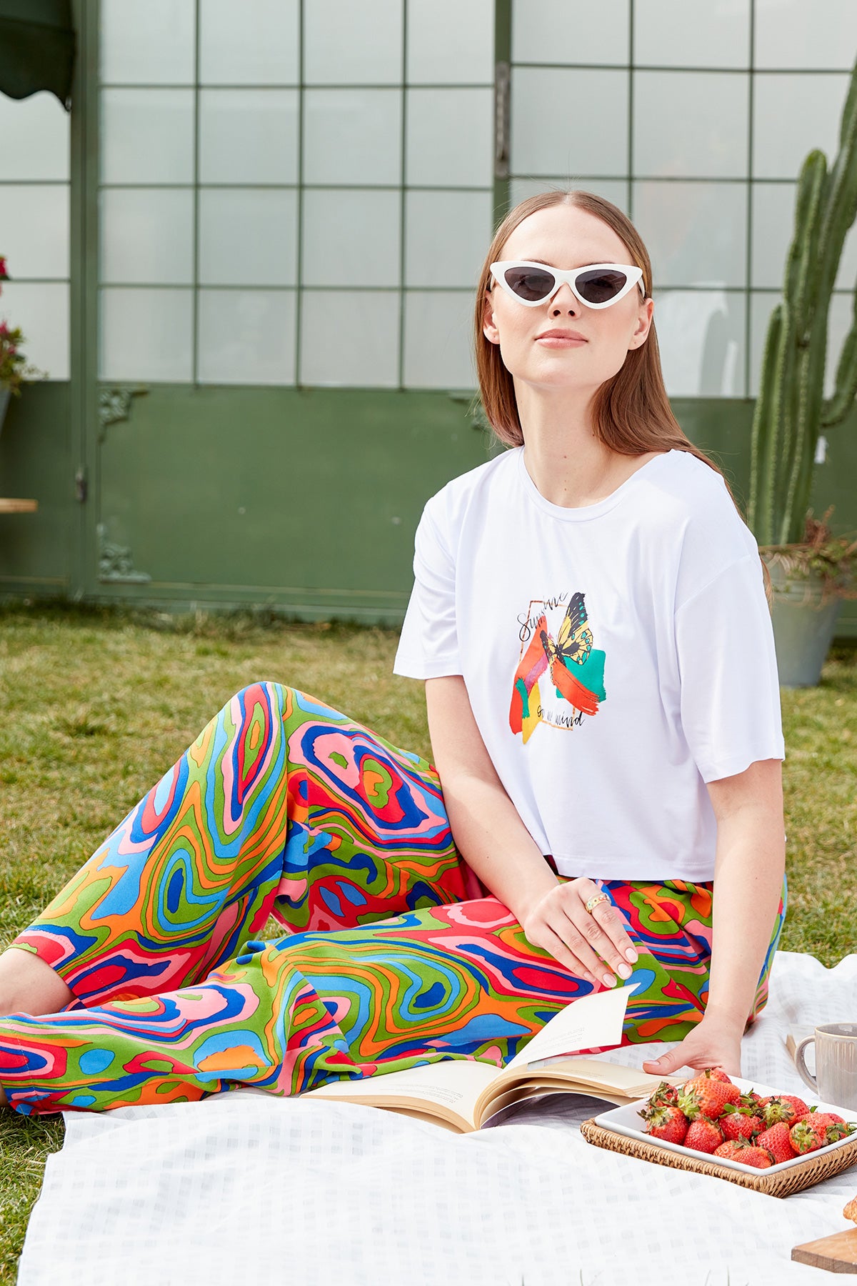 Oversize Baskılı Crop Tişört - Beyaz (3) Sementa