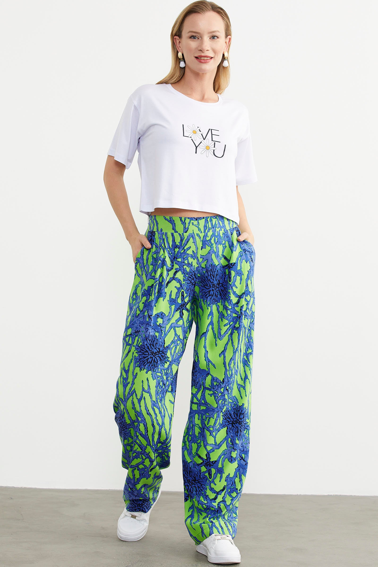 Oversize Baskılı Crop Tişört - Beyaz (2) Sementa