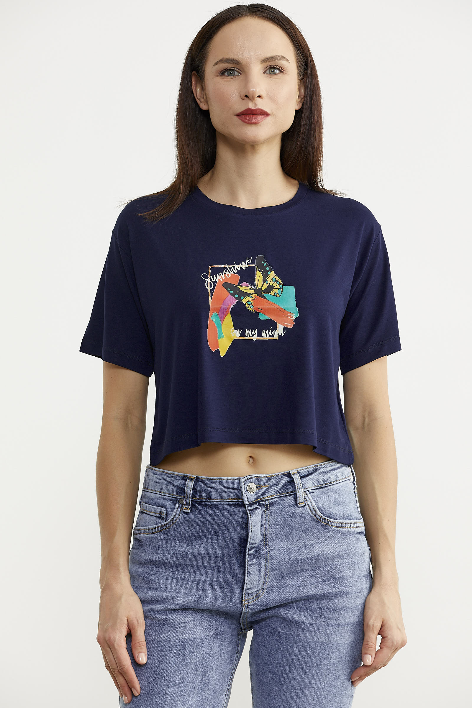 Oversize Baskılı Crop Tişört - Lacivert (1) Sementa