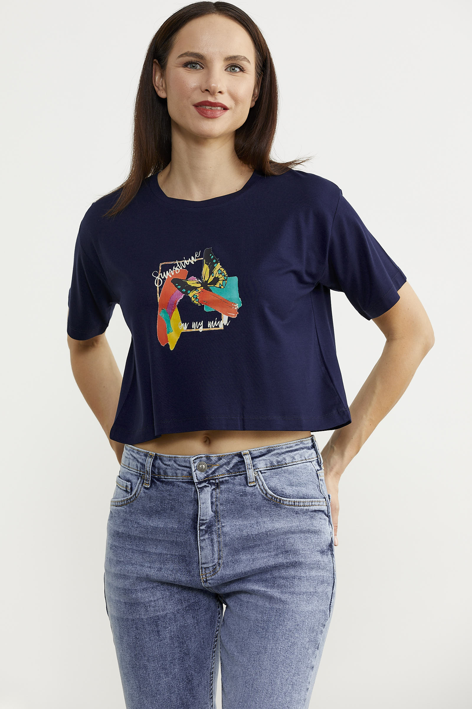 Oversize Baskılı Crop Tişört - Lacivert (2) Sementa