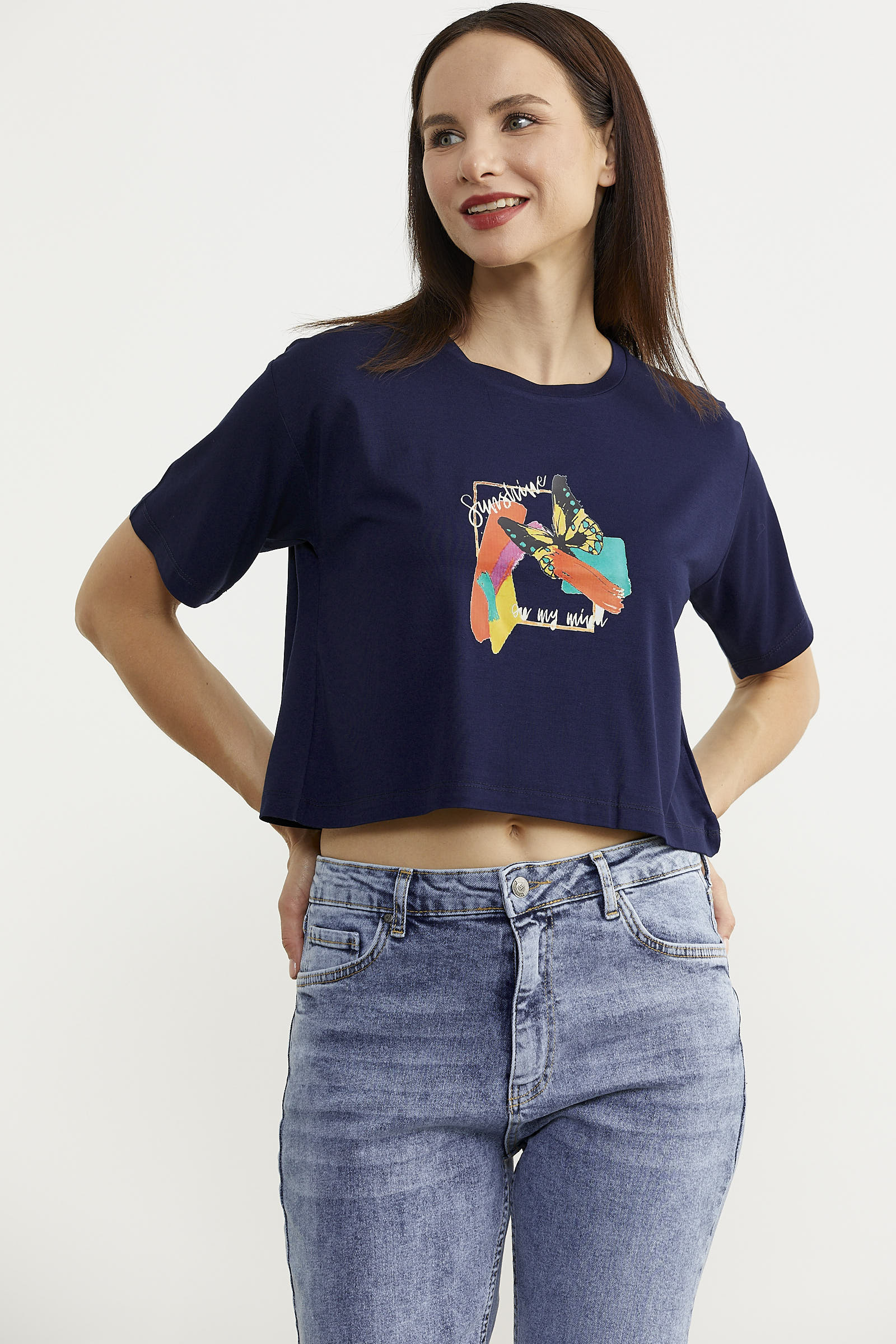 Oversize Baskılı Crop Tişört - Lacivert (3) Sementa