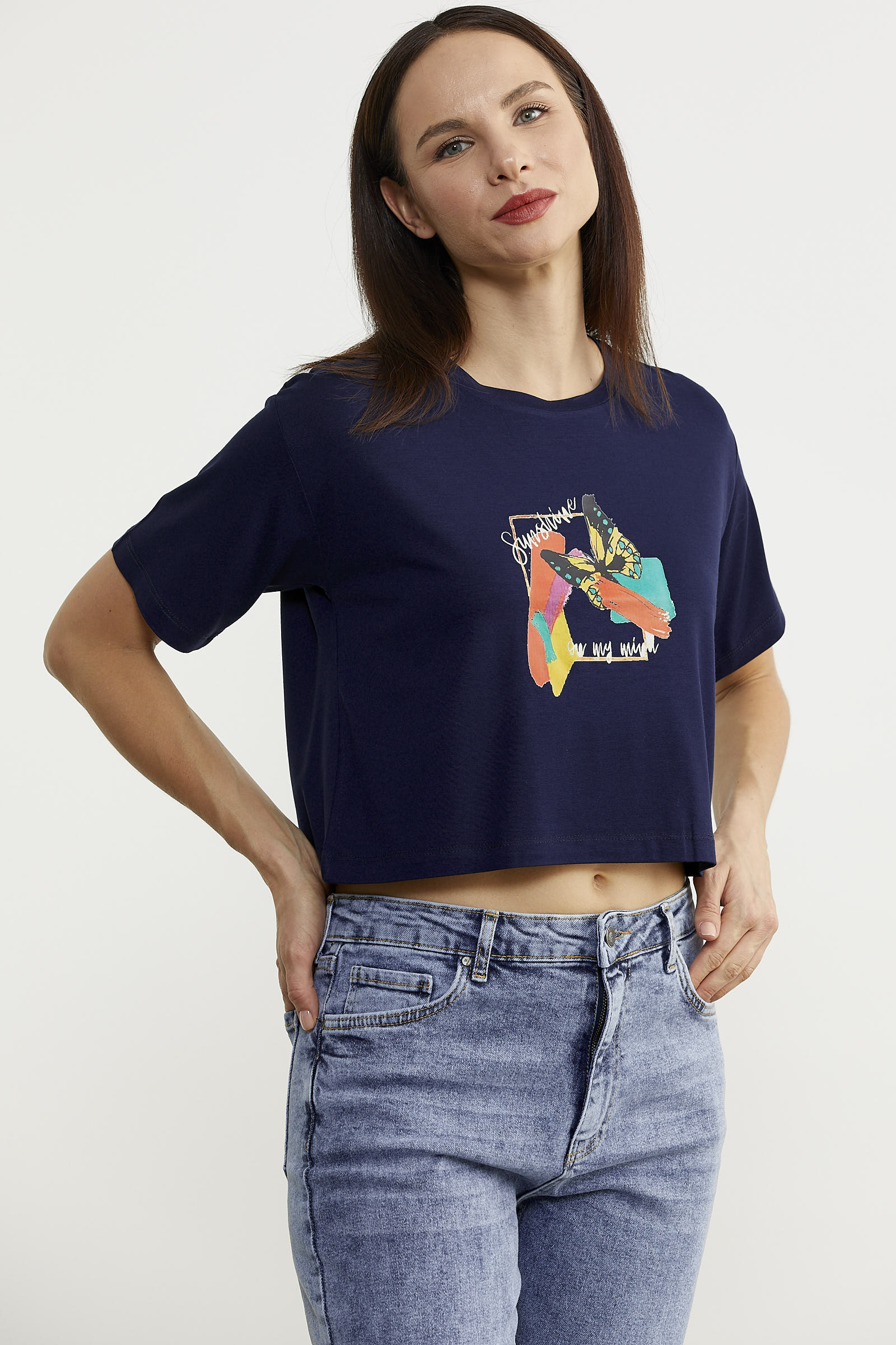 Oversize Baskılı Crop Tişört - Lacivert (4) Sementa