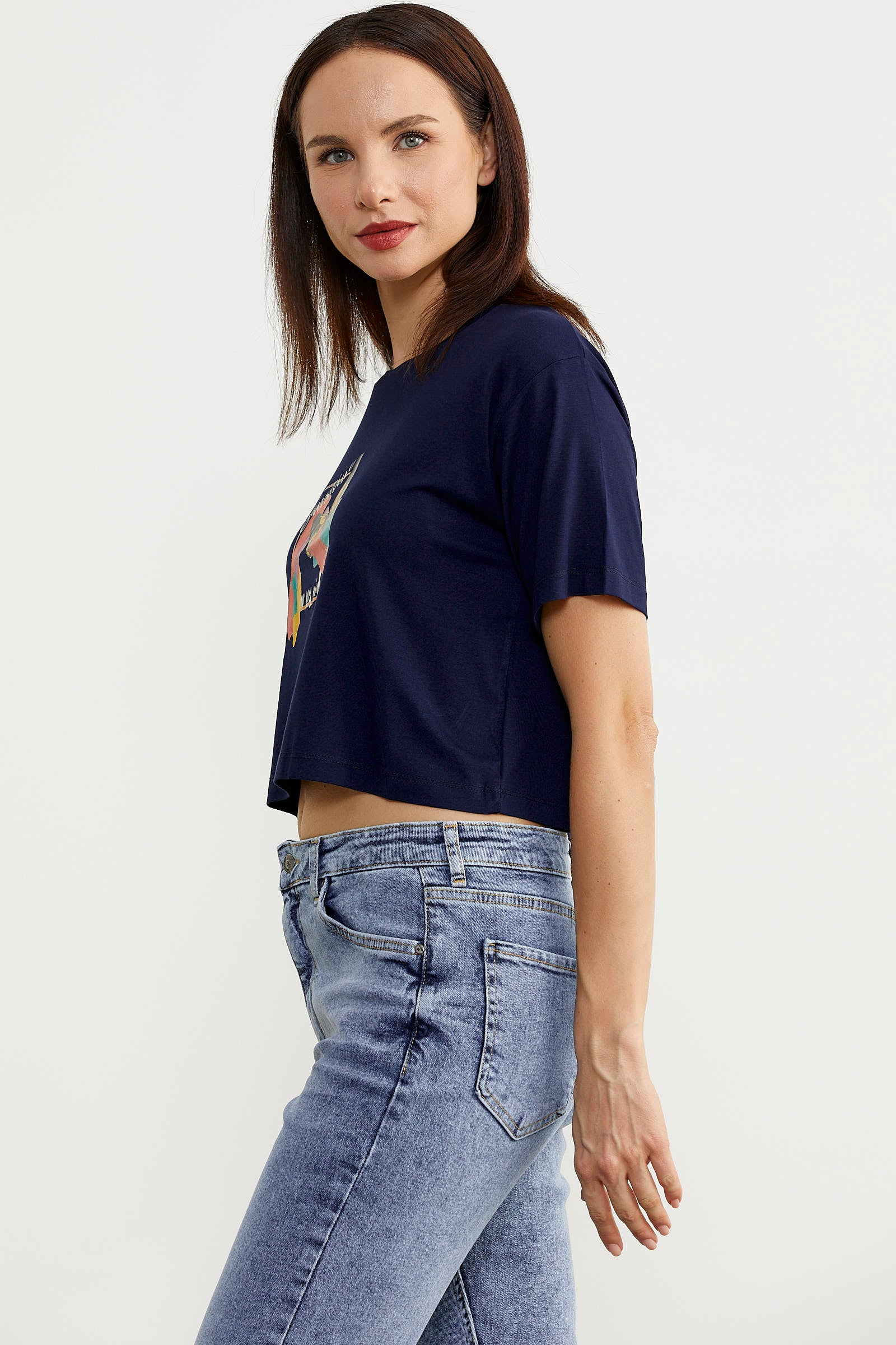 Oversize Baskılı Crop Tişört - Lacivert (5) Sementa