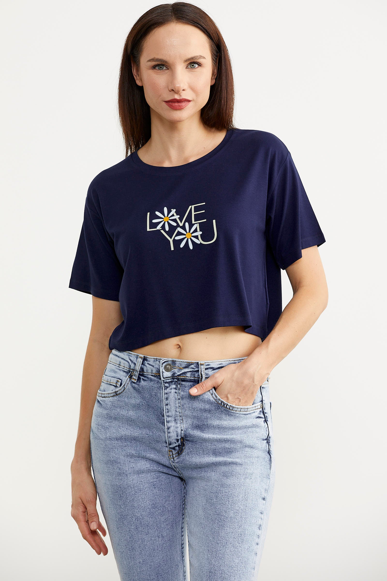 Oversize Baskılı Crop Tişört - Lacivert (1) Sementa