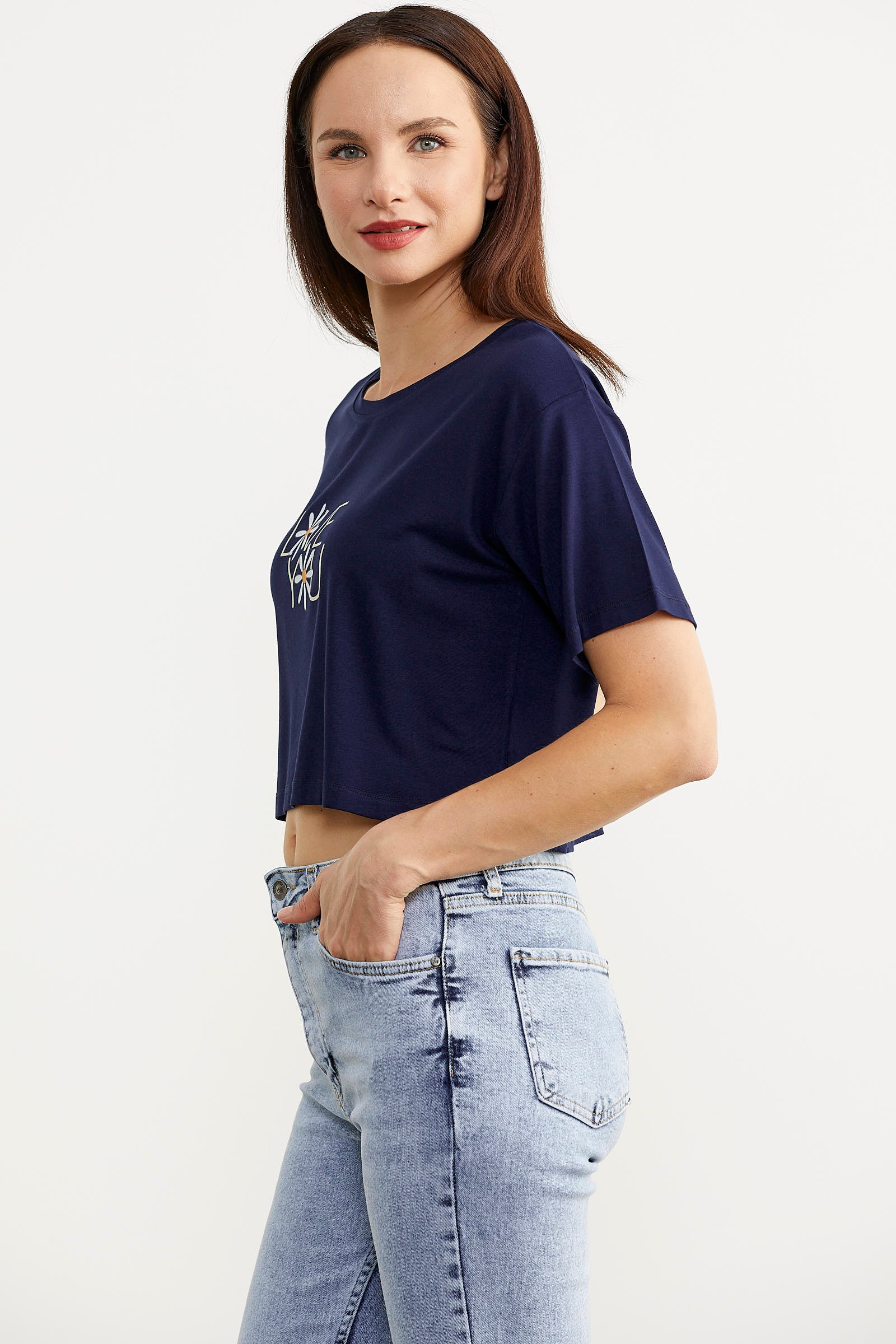 Oversize Baskılı Crop Tişört - Lacivert (2) Sementa