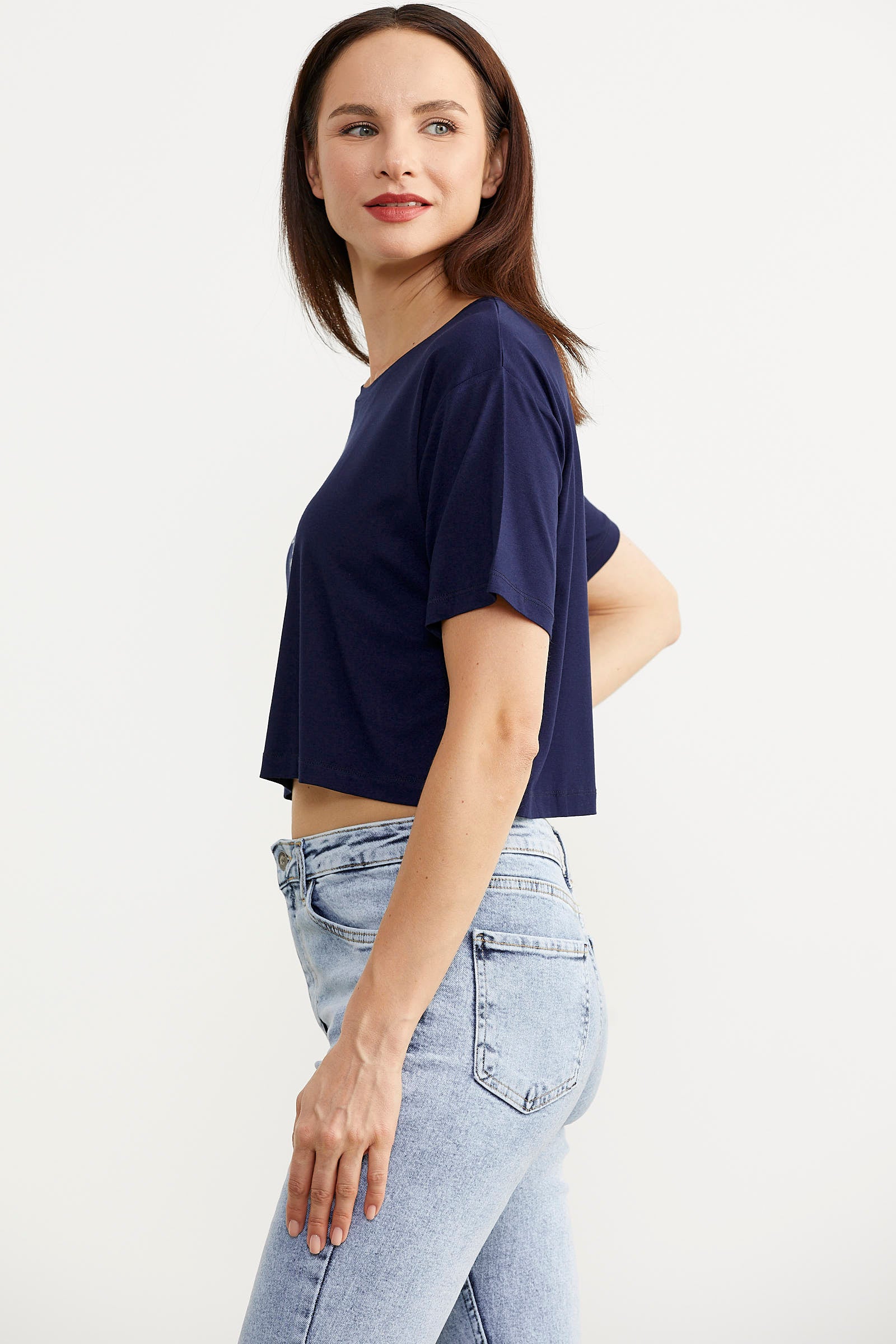 Oversize Baskılı Crop Tişört - Lacivert (3) Sementa