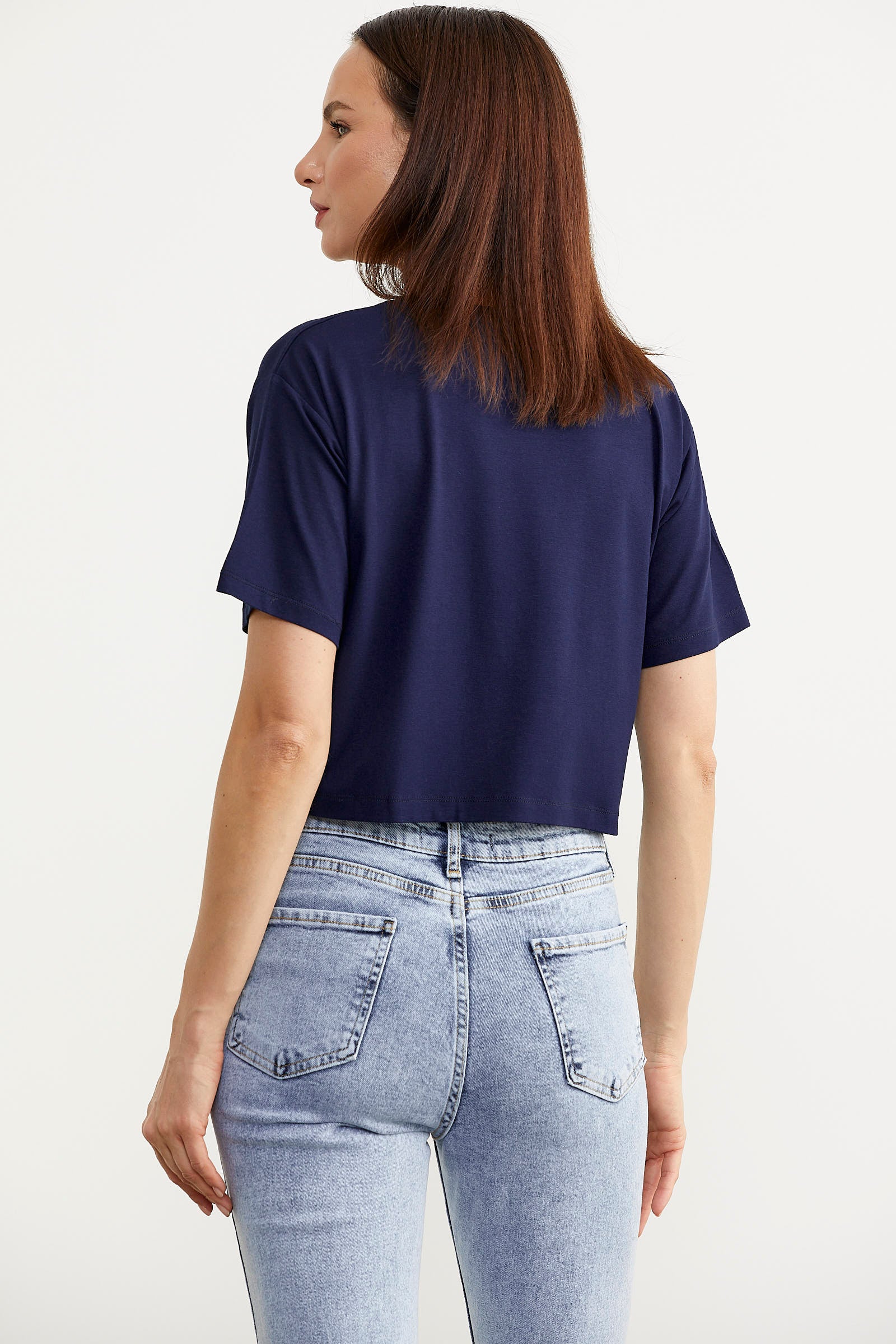 Oversize Baskılı Crop Tişört - Lacivert (4) Sementa