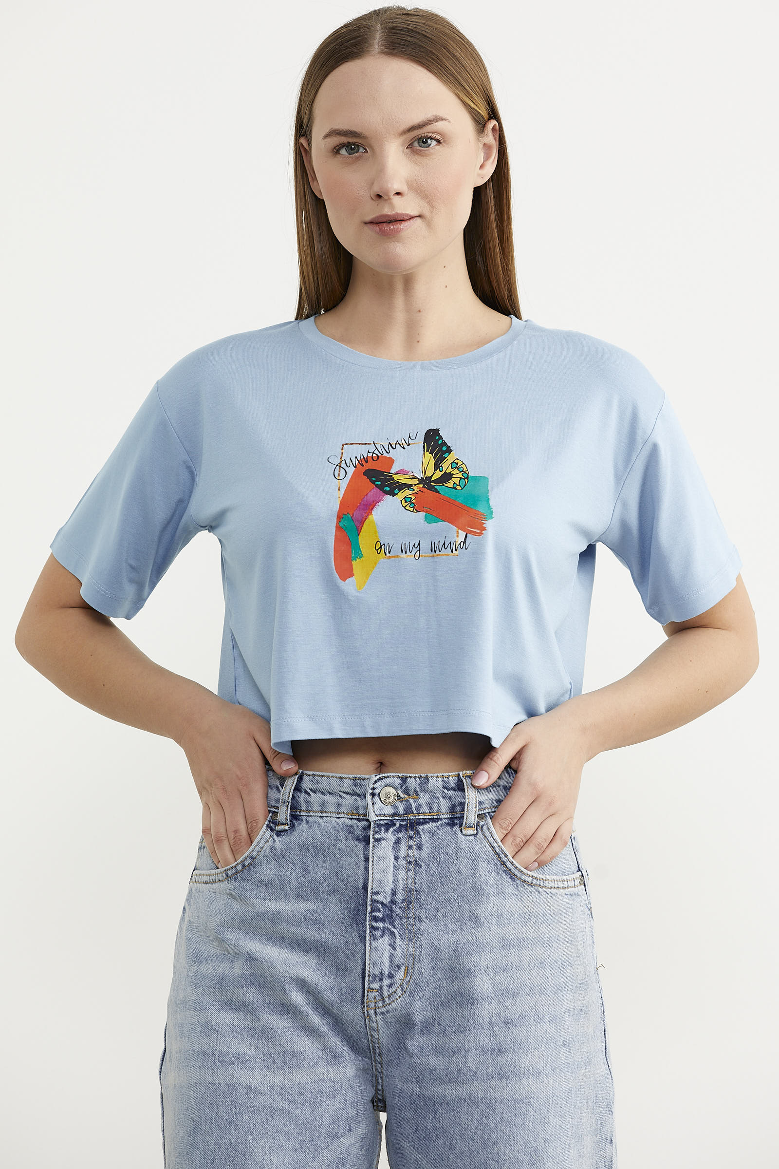 Oversize Baskılı Crop Tişört - Mavi (1) Sementa