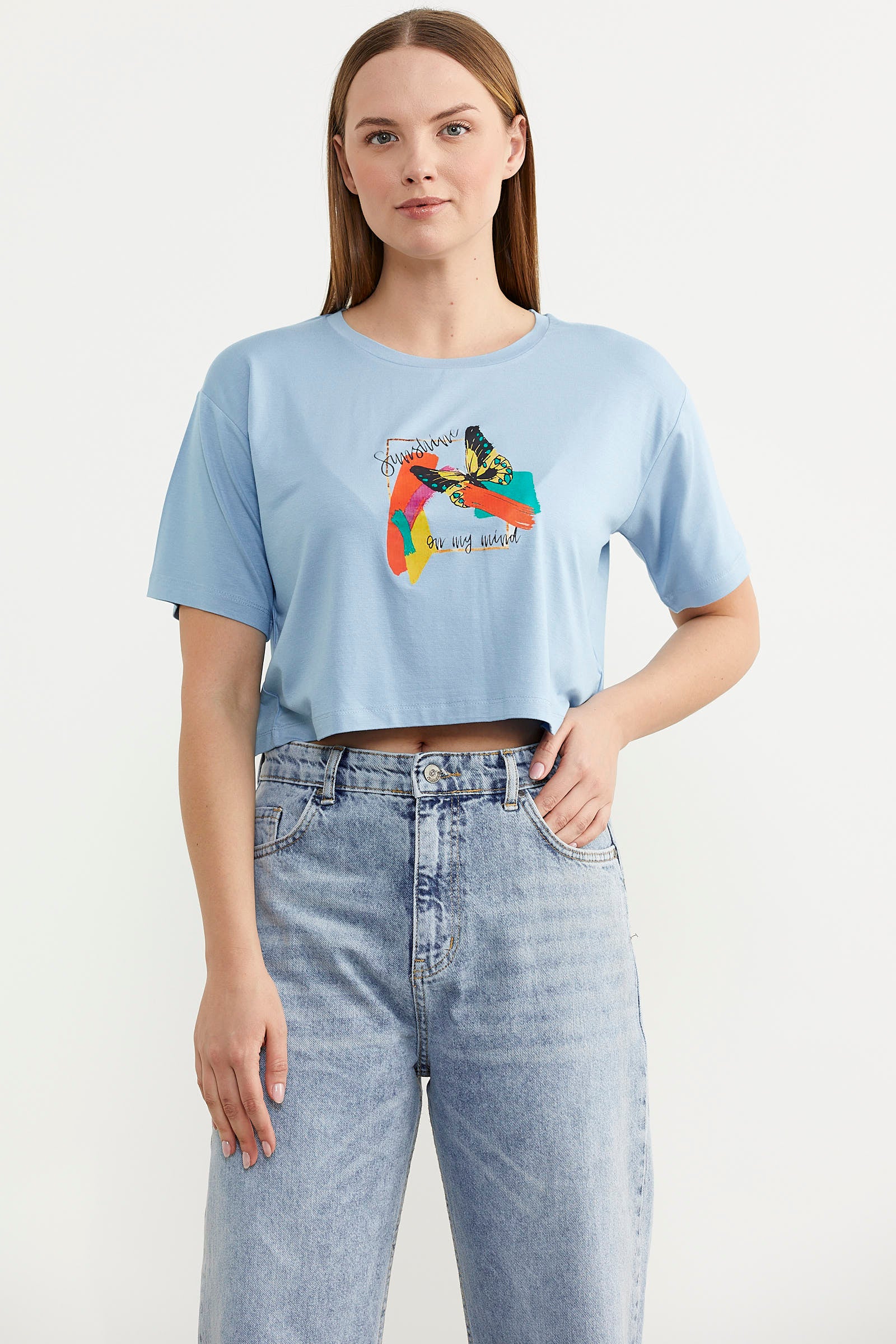 Oversize Baskılı Crop Tişört - Mavi (2) Sementa