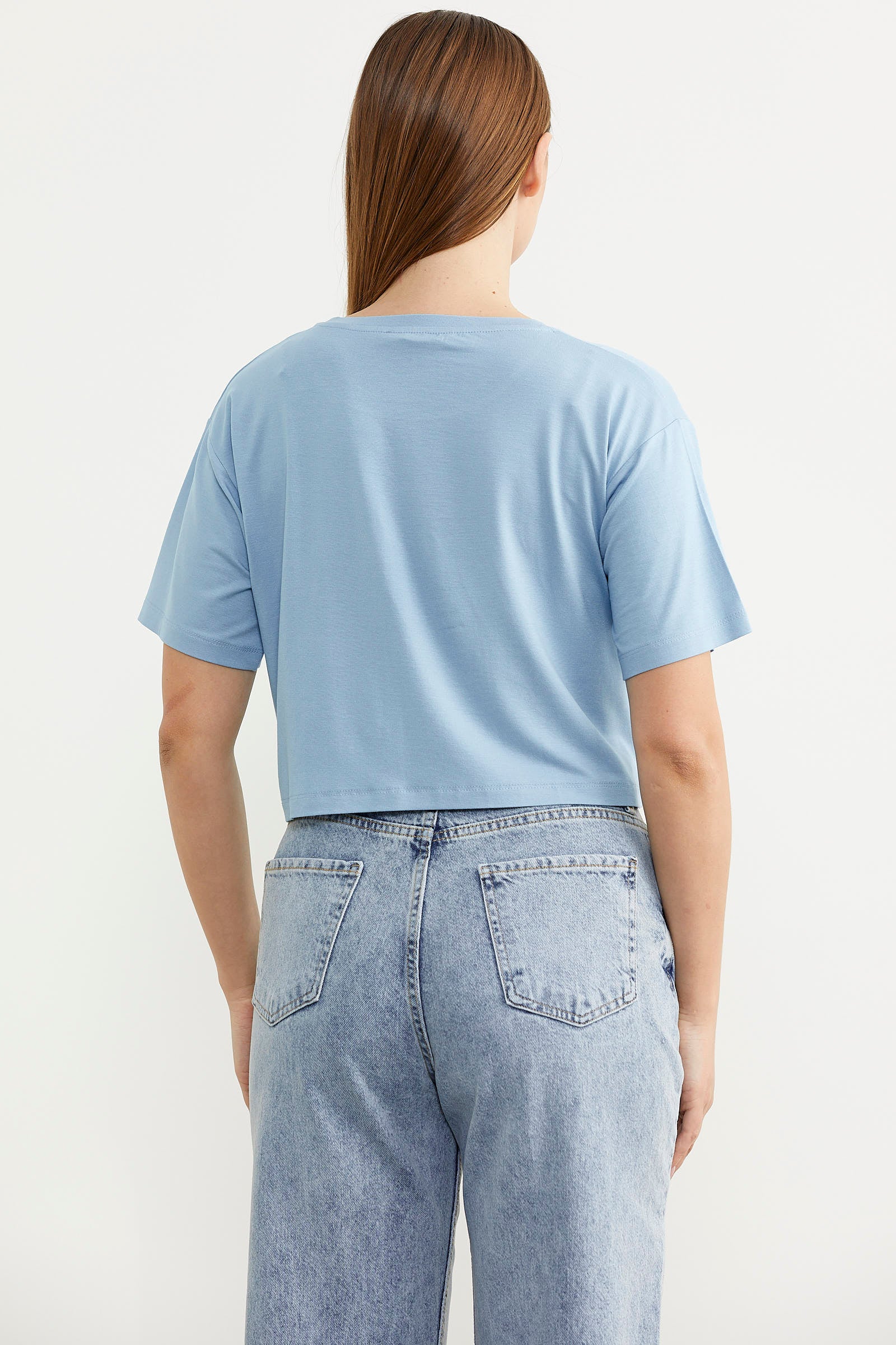 Oversize Baskılı Crop Tişört - Mavi (5) Sementa