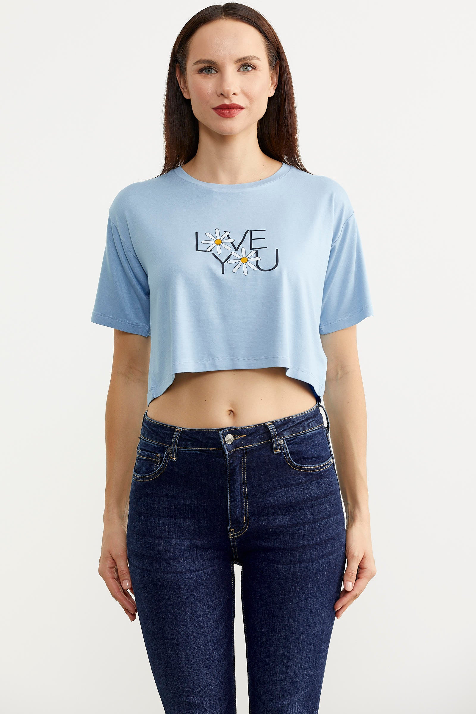 Oversize Baskılı Crop Tişört - Mavi (1) Sementa