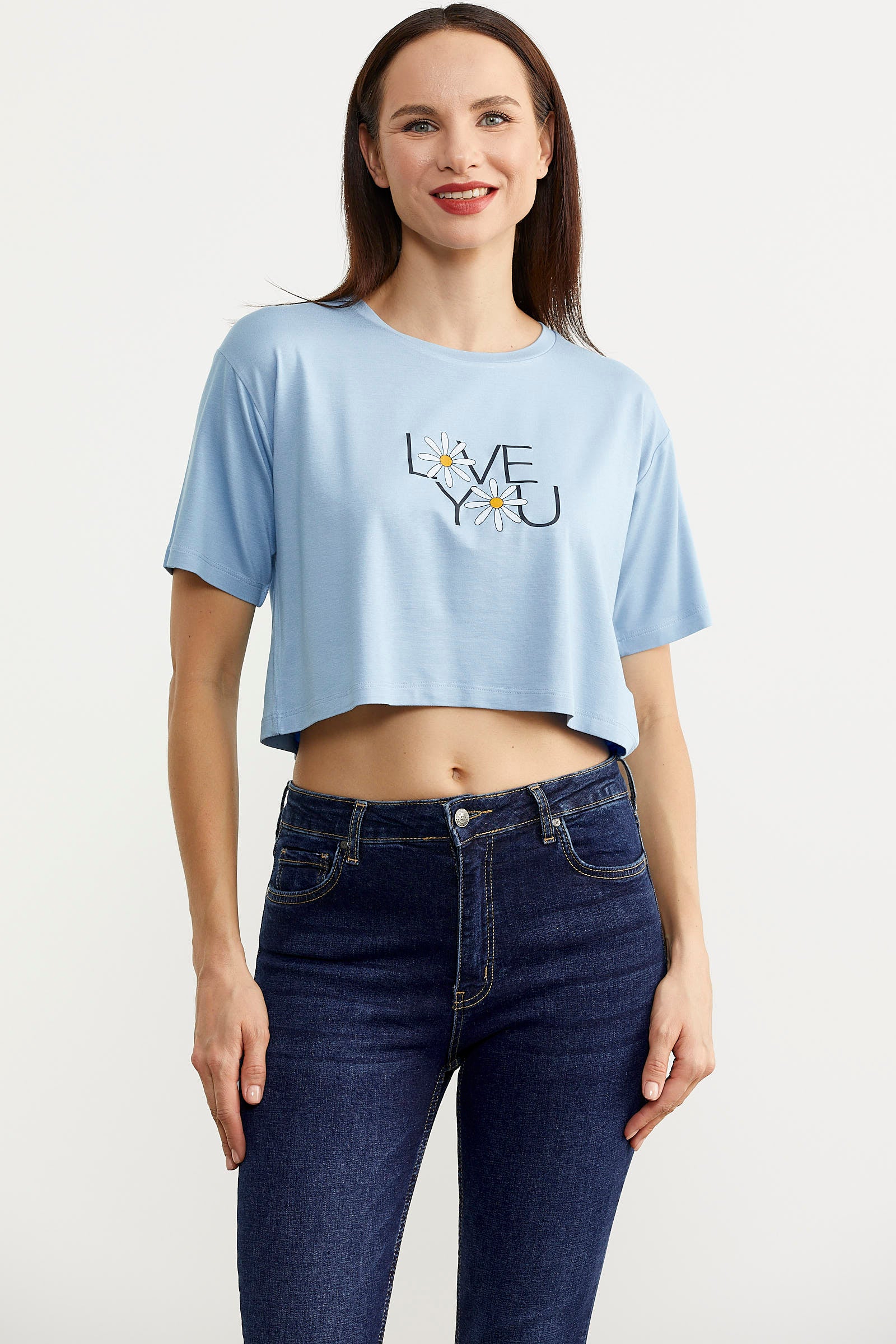 Oversize Baskılı Crop Tişört - Mavi (2) Sementa