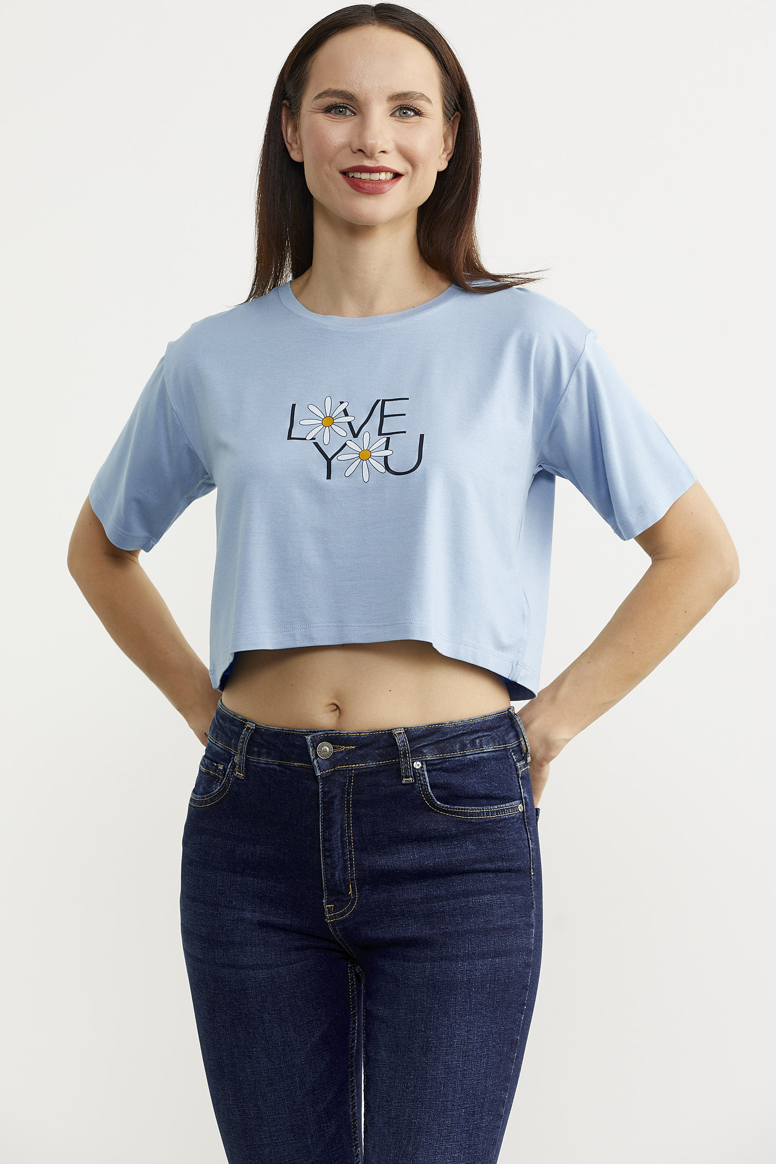 Oversize Baskılı Crop Tişört - Mavi (3) Sementa