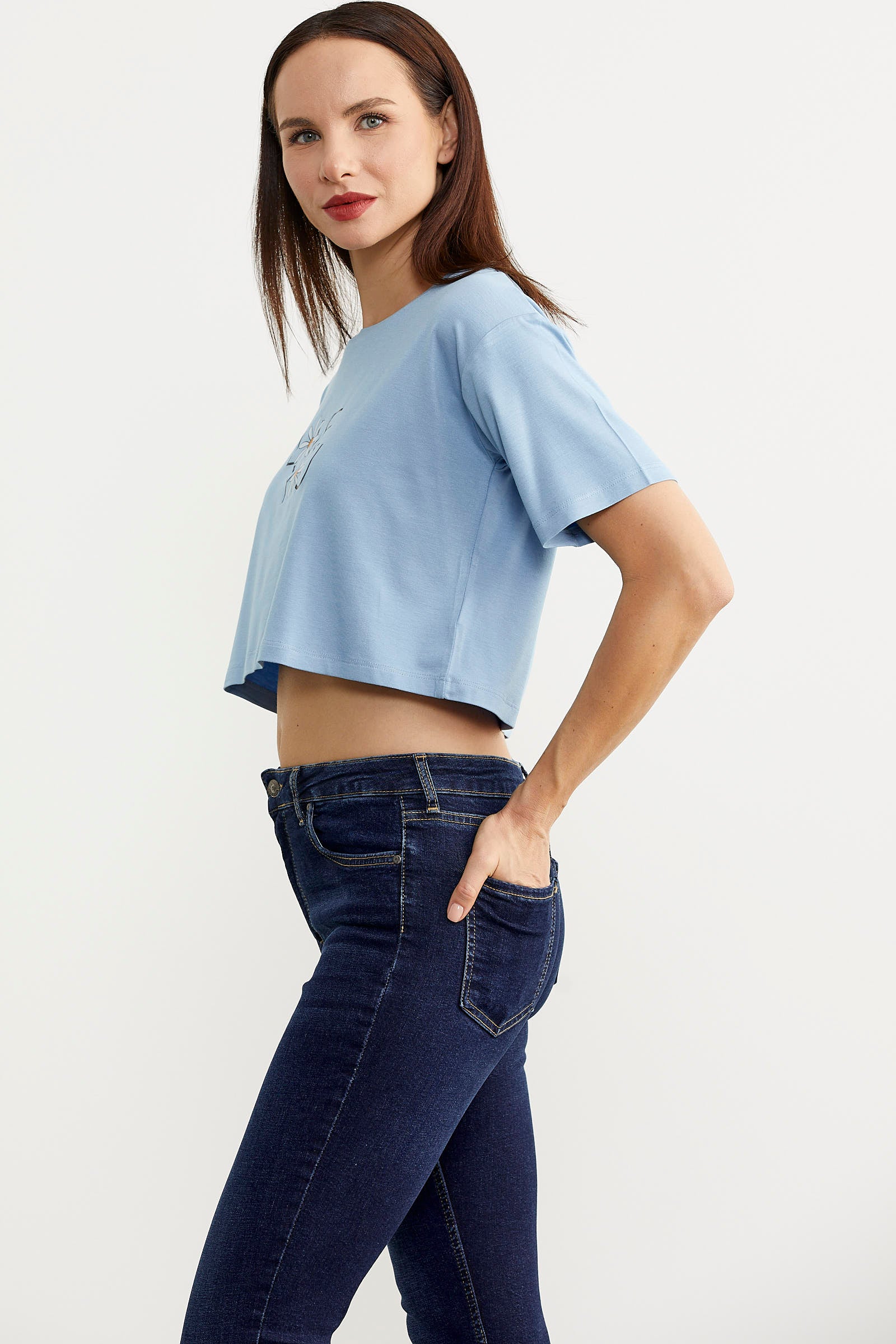 Oversize Baskılı Crop Tişört - Mavi (4) Sementa