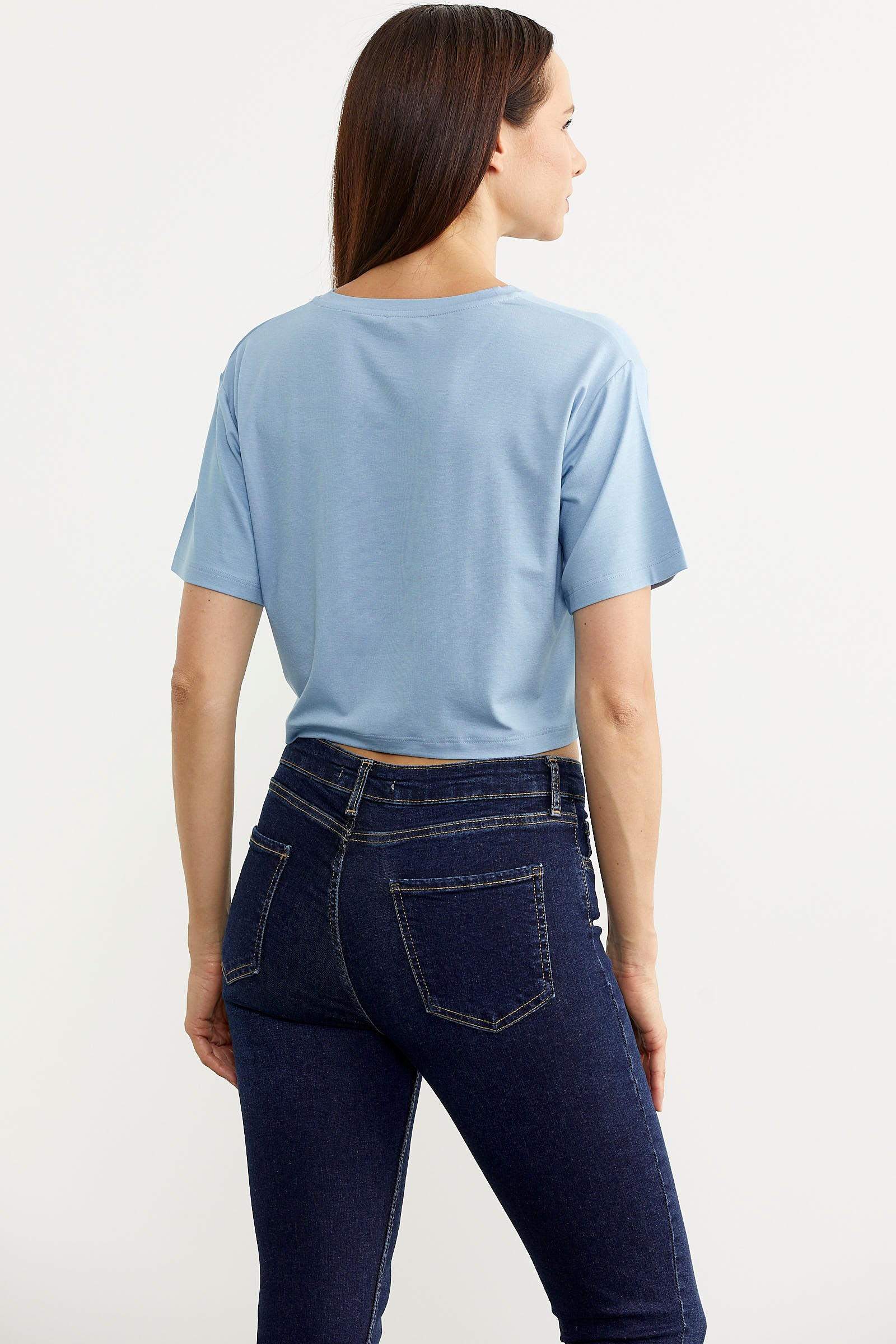 Oversize Baskılı Crop Tişört - Mavi (5) Sementa