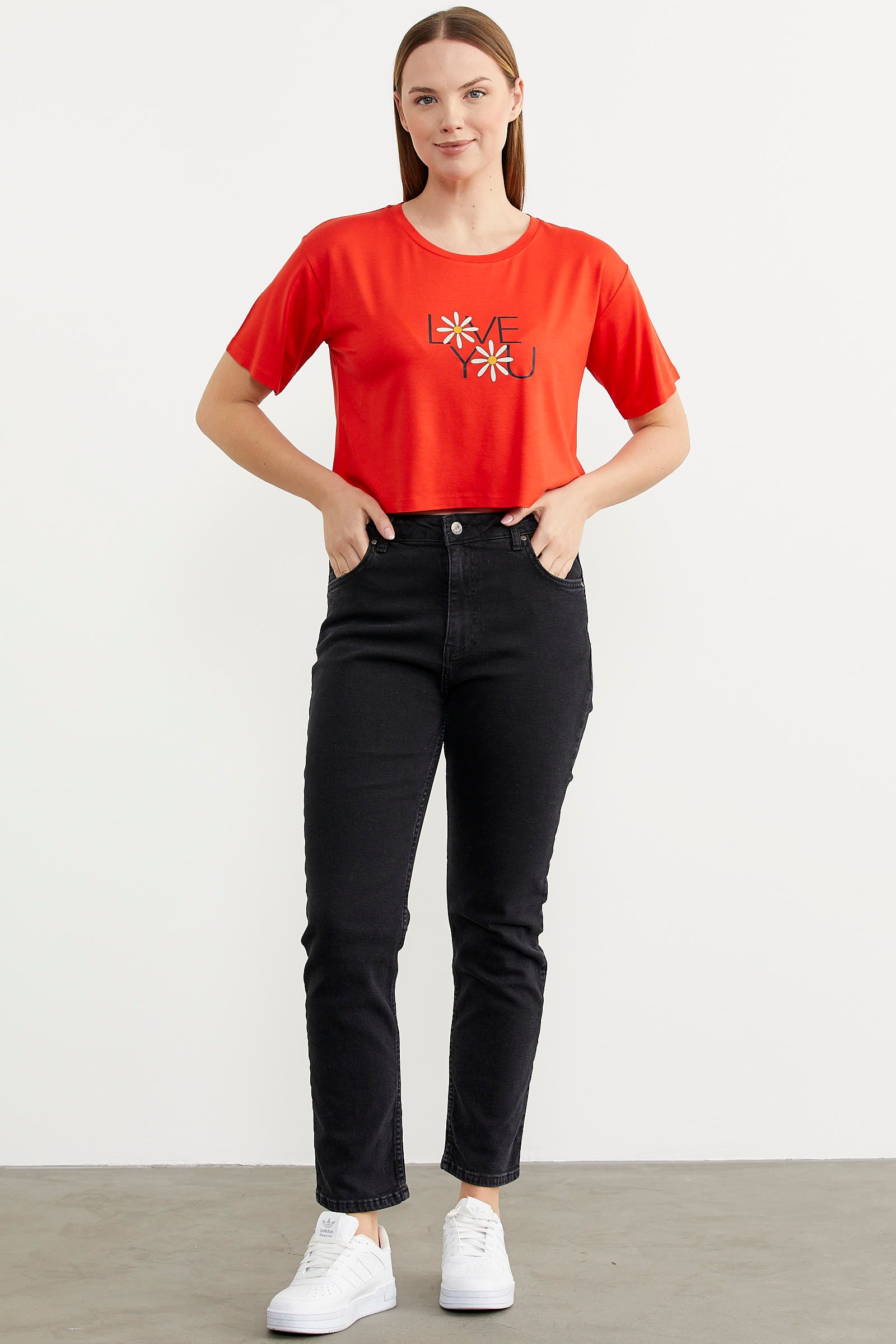 Oversize Baskılı Crop Tişört - Mercan (3) Sementa