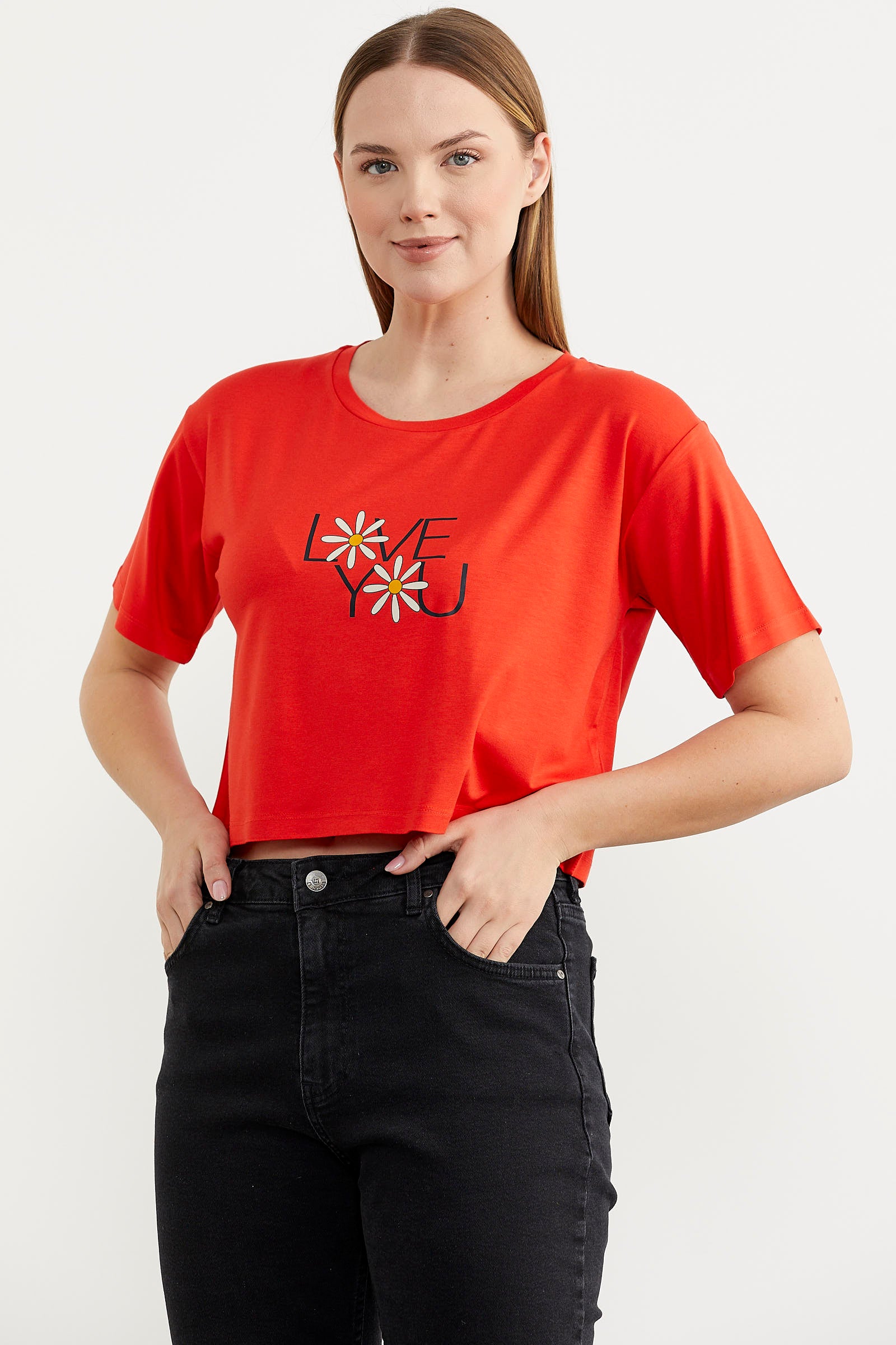 Oversize Baskılı Crop Tişört - Mercan (1) Sementa