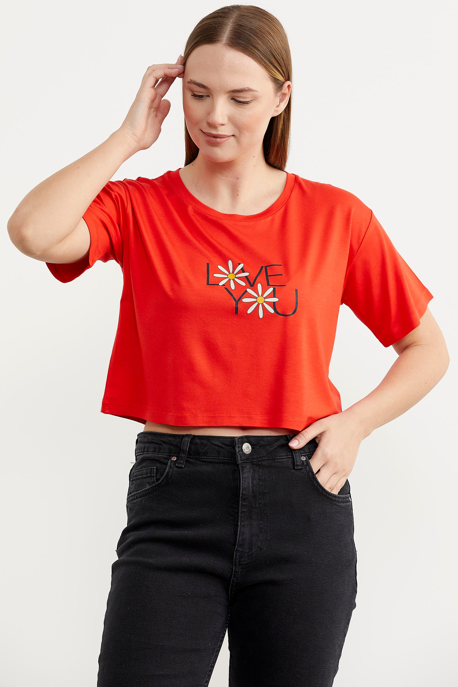 Oversize Baskılı Crop Tişört - Mercan (2) Sementa