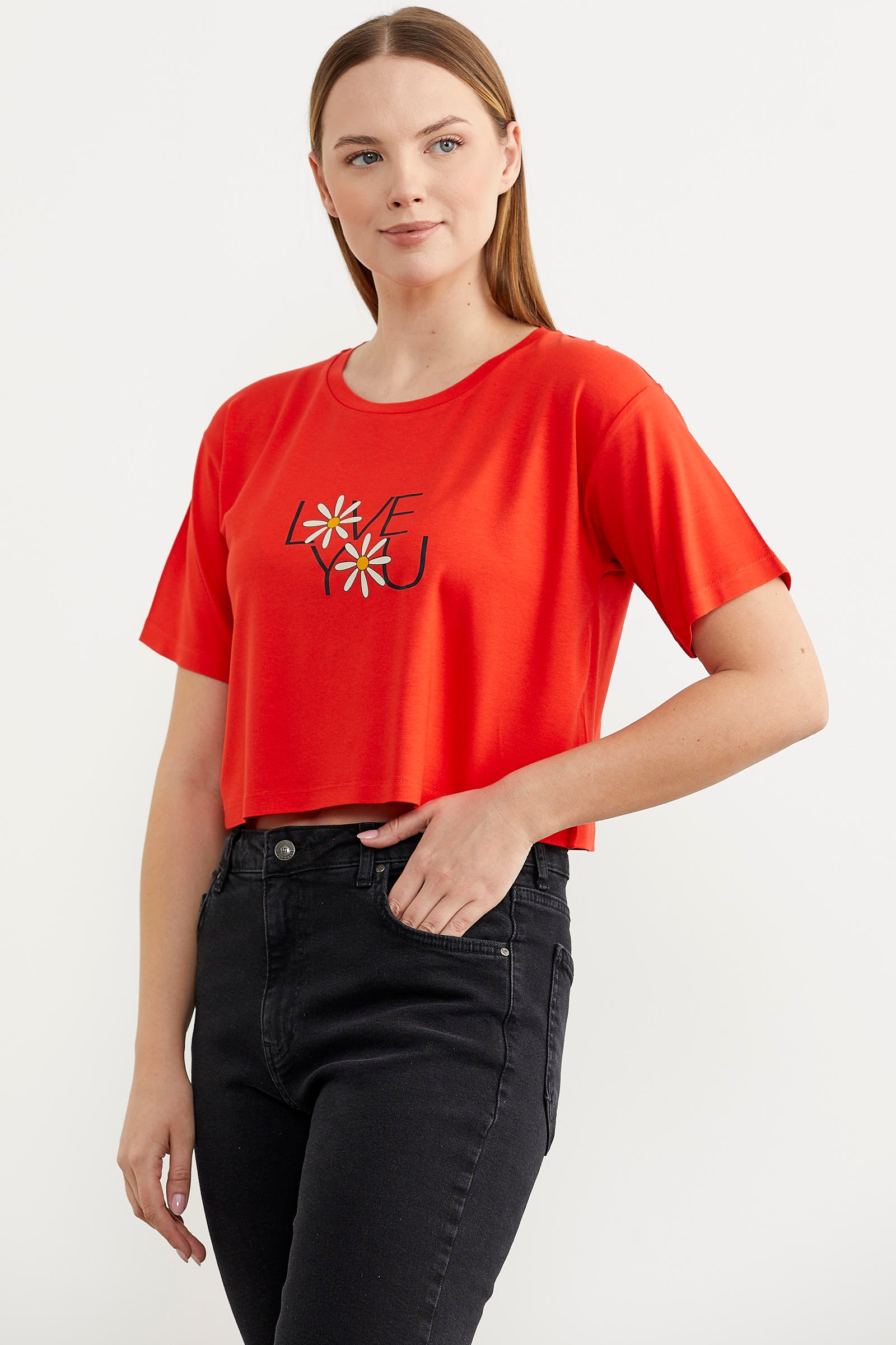 Oversize Baskılı Crop Tişört - Mercan (4) Sementa