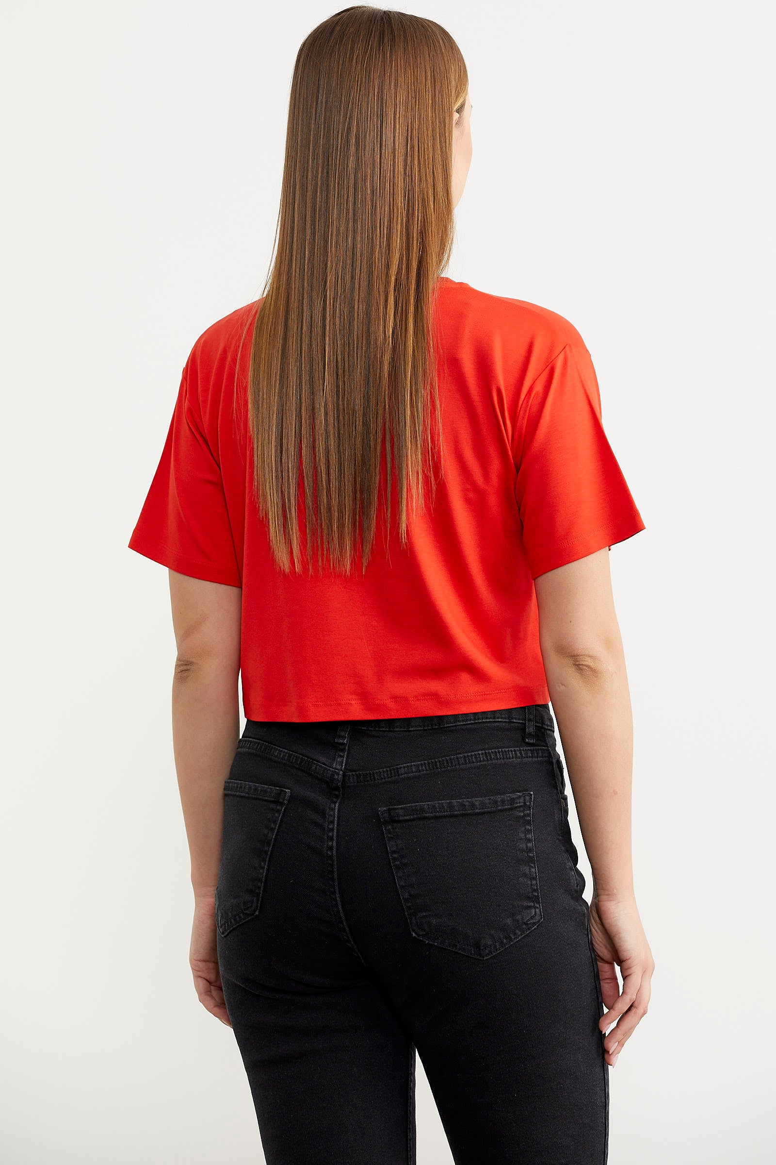 Oversize Baskılı Crop Tişört - Mercan (5) Sementa