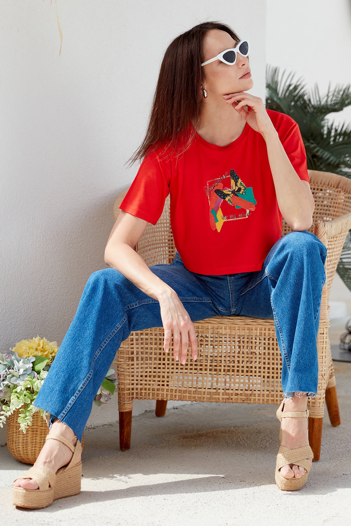 Oversize Baskılı Crop Tişört - Mercan (1) Sementa